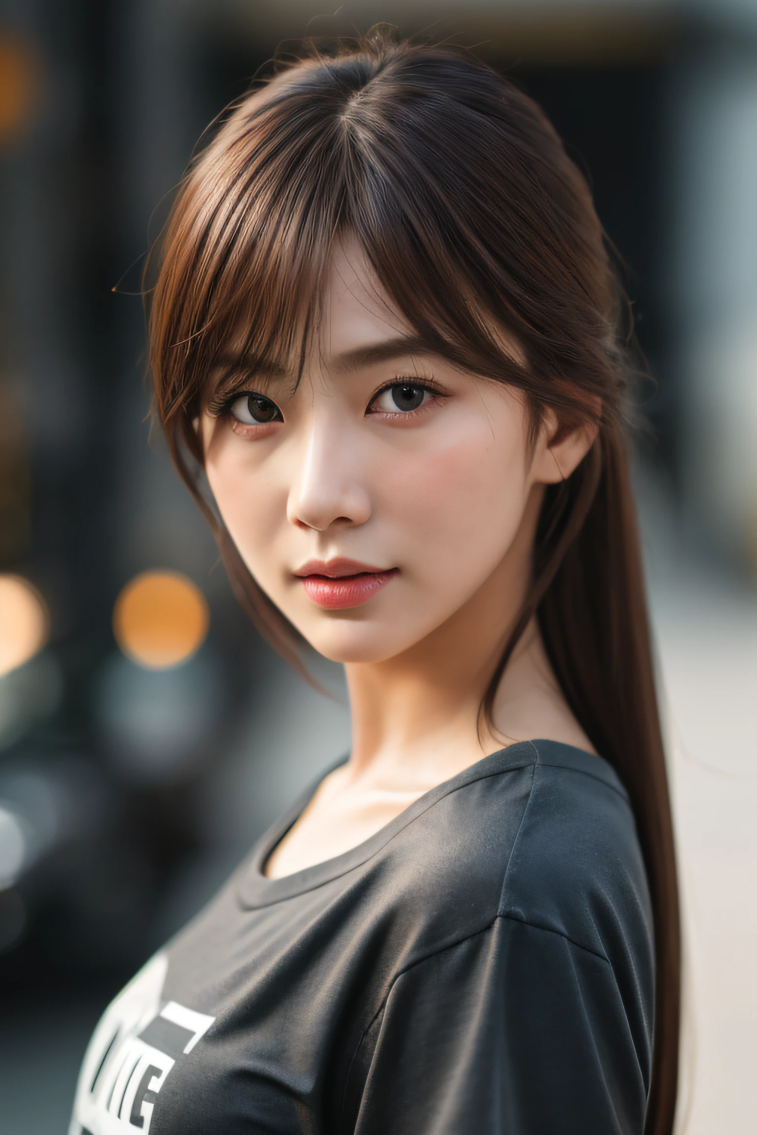 hyper realistic lifelike texture dramatic lighting unreal engine trending on art station, award - winning photo, nikon RAW photo,8 K, FUJI XT3,masutepiece, Best Quality, Realistic, Photorealistic, ultra-detailliert, extra detailed face, Solo,1girl in, Standing, Fashionable and trendy atmosphere, close up, T-shirt, smooth hair