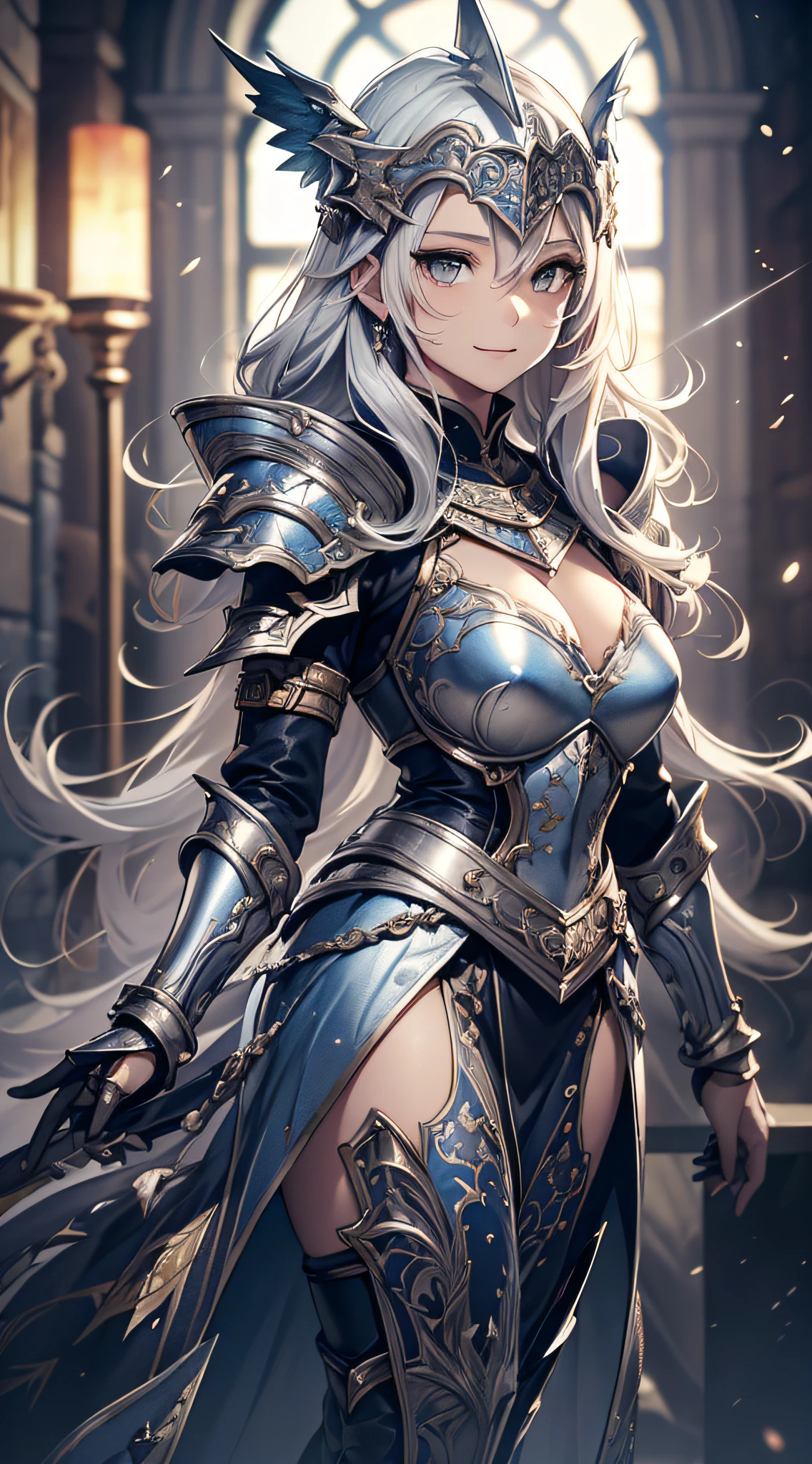 (Official art、Best Quality、Unity 8k Wallpapers、32K、masterpiece、ultra-detailliert、超A high resolution、realisitic、Photorealsitic:1.2)、(Cinematic lighting:1.2)、Fireglow effect、film grains、Best Shadows、Rim lighting、side lights、sideshot、(Ultra-detailed and complex 3D rendering)、Detailed beautiful face and eyes、Sharp pupils、Realistic pupils、A slender、1Man Woman、Medium bust、(Full body:1.2)、 beauitful face、-yeld beiful girl、(super detailed skin、detailed skin textures:1.3)、(silver blond、Blue-silver hair:1.3)、Paladin、Longhaire、Blunt bangs、Gray eyes、3 braids in 1 bunch、(Blue Armor、Blue Boots、Blue helmet、Jeweled、Gold embroidery)、A slender、Maxi skirt、(thighs thighs thighs thighs:0.8)、(chies、in a house、Artistic stained glass、Large pipe organ、crosses、Hello Point、Mystical、Particles of light、solemnity、Sunlight is、colourfull、Fantastical:1.2)、(Fantastical:1.3)、(Carrying a silver sword:1.3)、(Looking away、looking distantly:1.3)、Fantastical、Gentle smile、I opened my mouth a little、