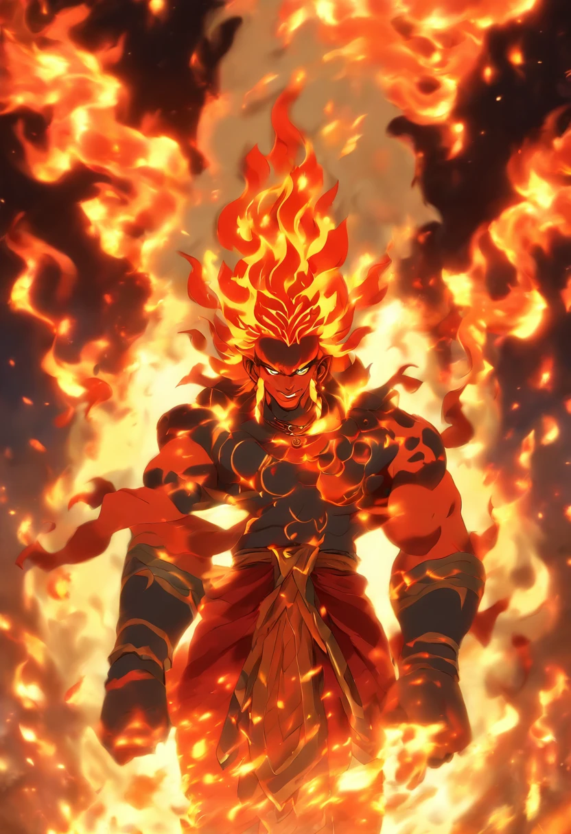 (((AGNI))) best quality, ultra-high resolution, 4K detailed CG, masterpiece, Man, Three legs, Seven hands, Fire, Indian clothing, Hindu mythology, ((Hindu God)), Painting style Hinduist, aesthetic, screen-centric