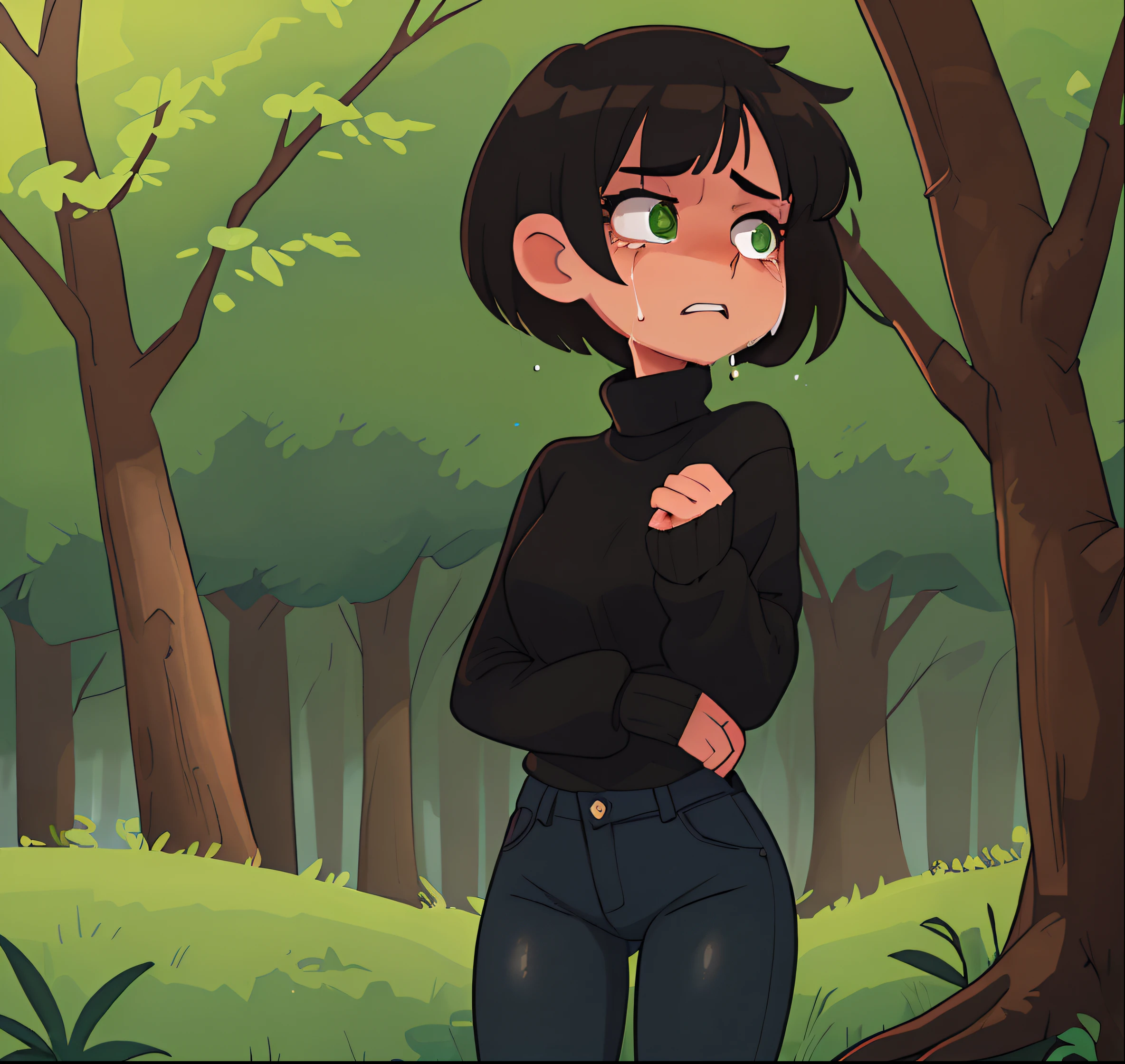 girl with short hair, light brown green eyes, In black sweater jeans crying under a tree in the forest