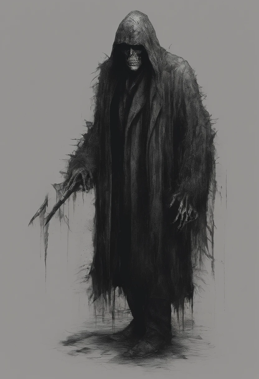 Taille vers le haut, very old man, looks like a corpse, Half of his face distorted and melted, sale, mendiant, monstre, cheveux gris courts, Pale and wrinkled skin, sparse beard, yellowish pupils, Stooped posture, Penetrating and Evil Gaze, Long manteau noir, ripped clothing, Manteau de plumes de corbeau sur le dos, corps recouvert de ceintures et capuche, dent, station-service sombre, horreur, Peur, Effrayant, suspense, Mysterious