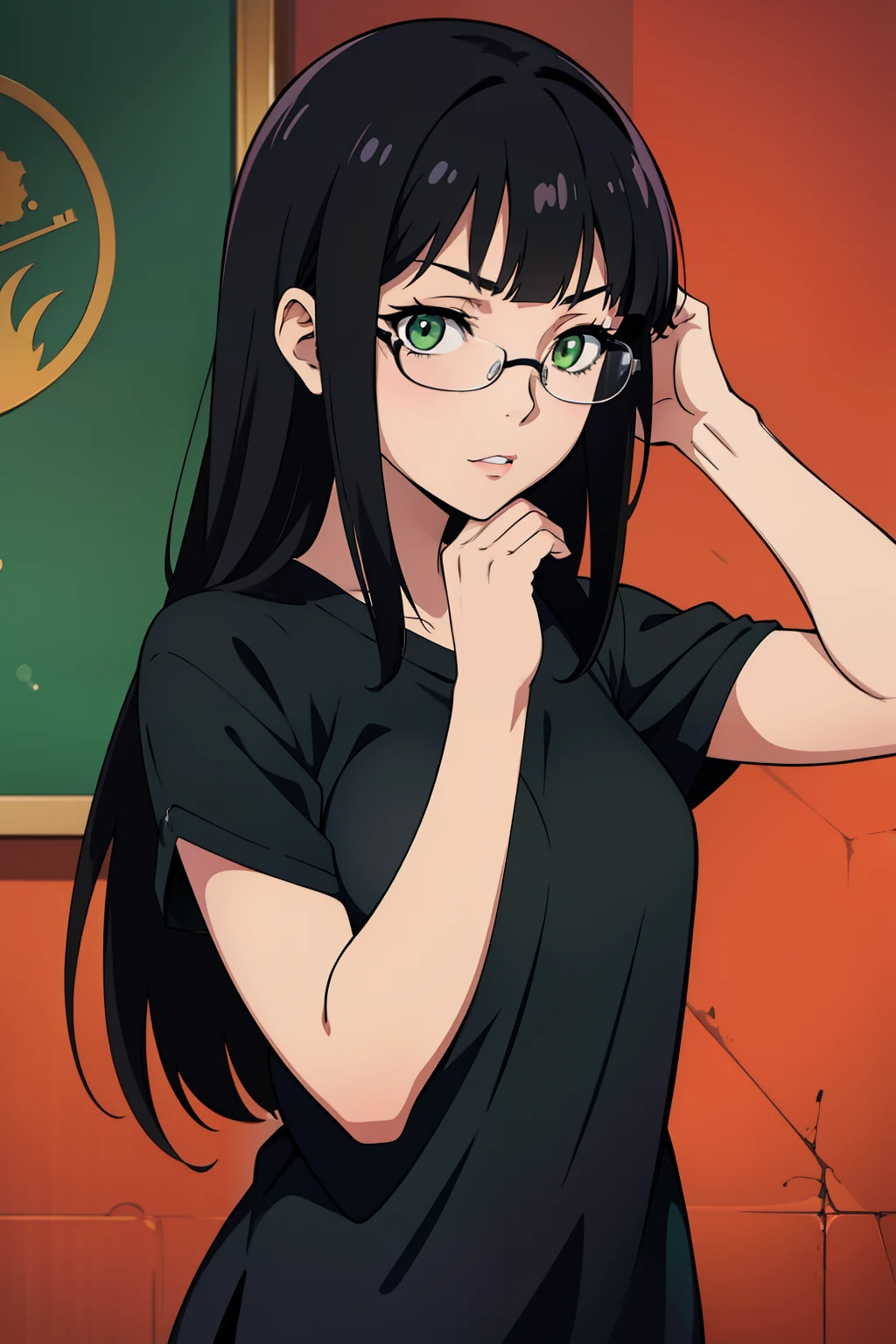 ((best quality, 1girl)), anime girl with black hair and green eyes wearing a black shirt, sharp eyes, trending on pixiv, shin hanga, anime visual of a cute girl, anime moe artstyle, sui ishida with black hair, smooth anime cg art, semi realistic anime, in an anime style, an anime girl, semi - realistic anime, two hands behind head, glasses