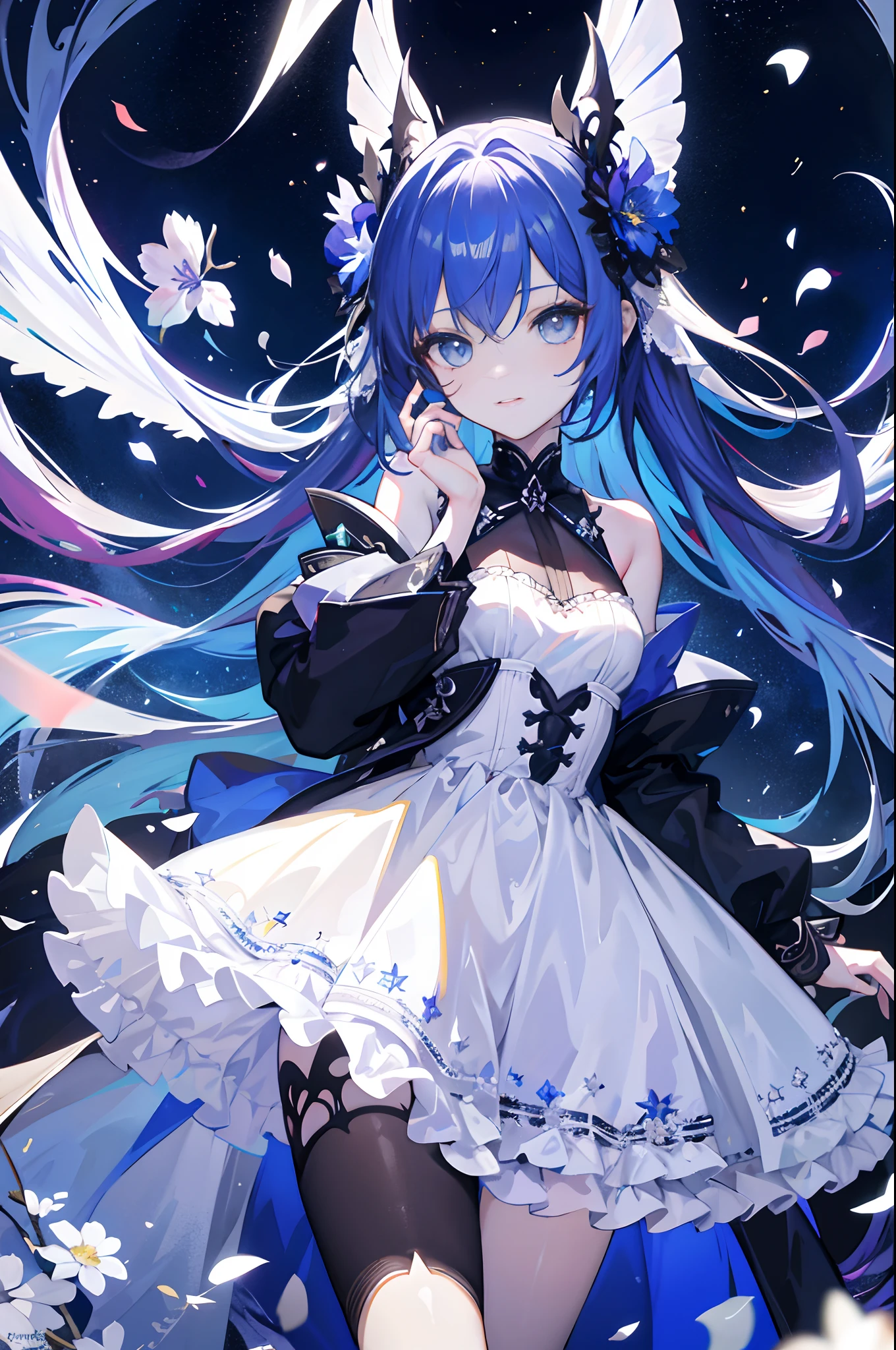 tmasterpiece, Best quality at best, 1girll, (Colorful), (Delicate eyes and face), Abundant light, Ray traching, Bust Up Shot, Extremely detailed Cg Unity 8K wallpaper, 独奏, ssmile, intricate white dress, ((flying petal)),(flowers meadows) Skysky, Cloudy_sky, rays of moonlight, themoon, the night, (Dark theme:1.3), fanciful, ventania, magic sparks, dark castle, blue hair,Silver eyes