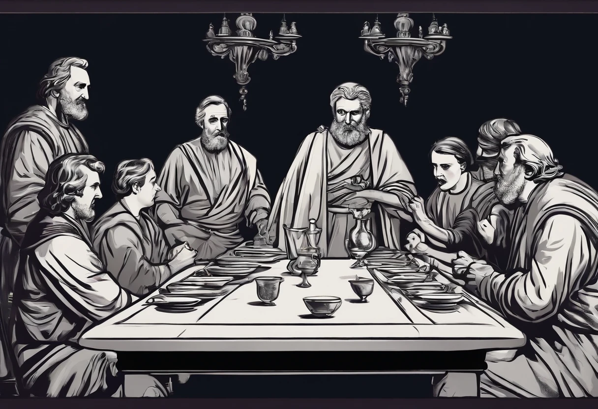 stoic family, fighting around a table. mouth full of poison. ultra realistic. 8k. kinematic. dark background