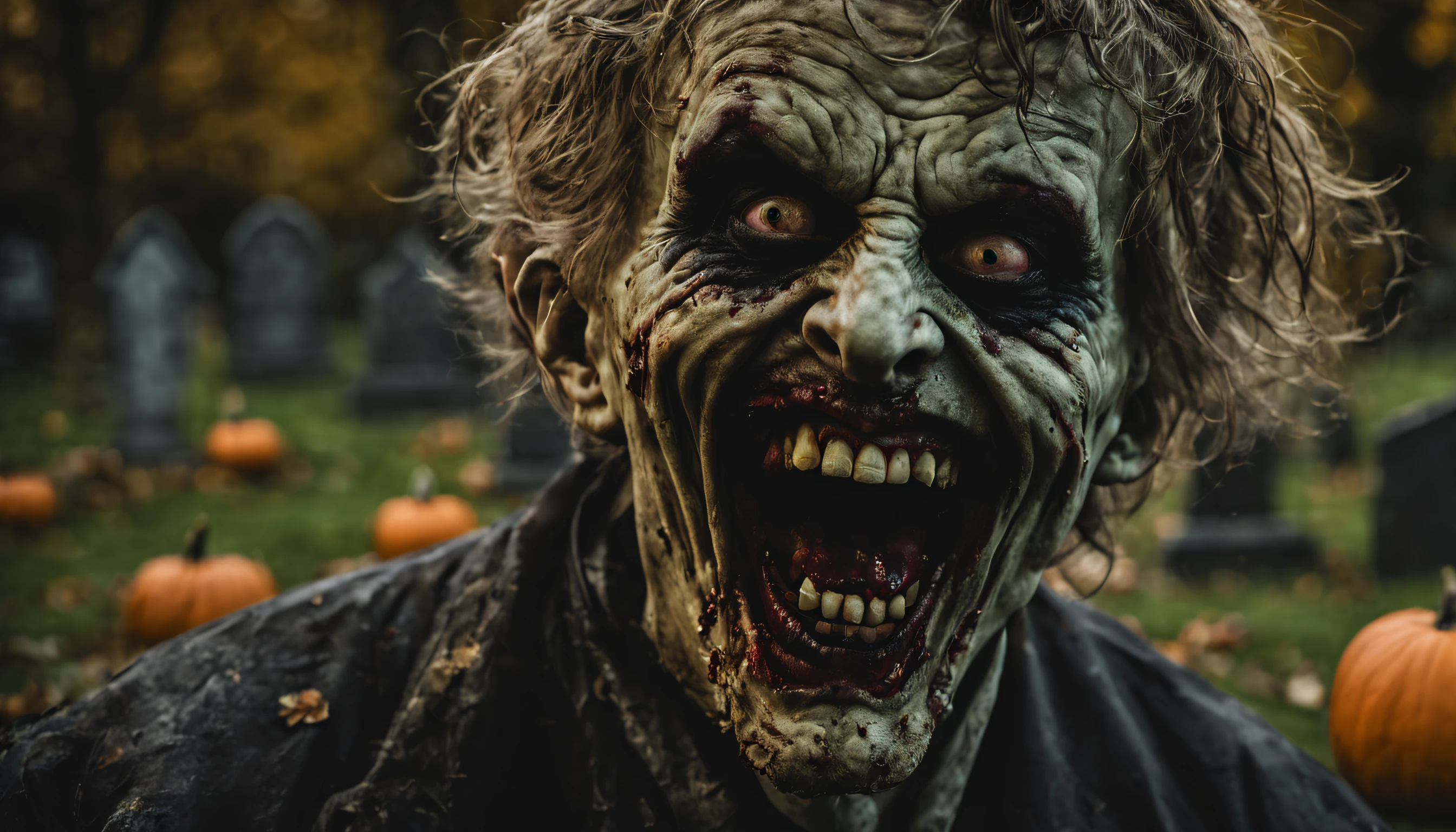 Halloween,A zombie laughs wickedly at the camera,sehr detailliert,Fotorealistisch,Nachts auf dem Friedhof,spooky atmosphere,inspiriert von Guillermo del Toro,Cinematic;Kerzen,HalloweenKürbisse