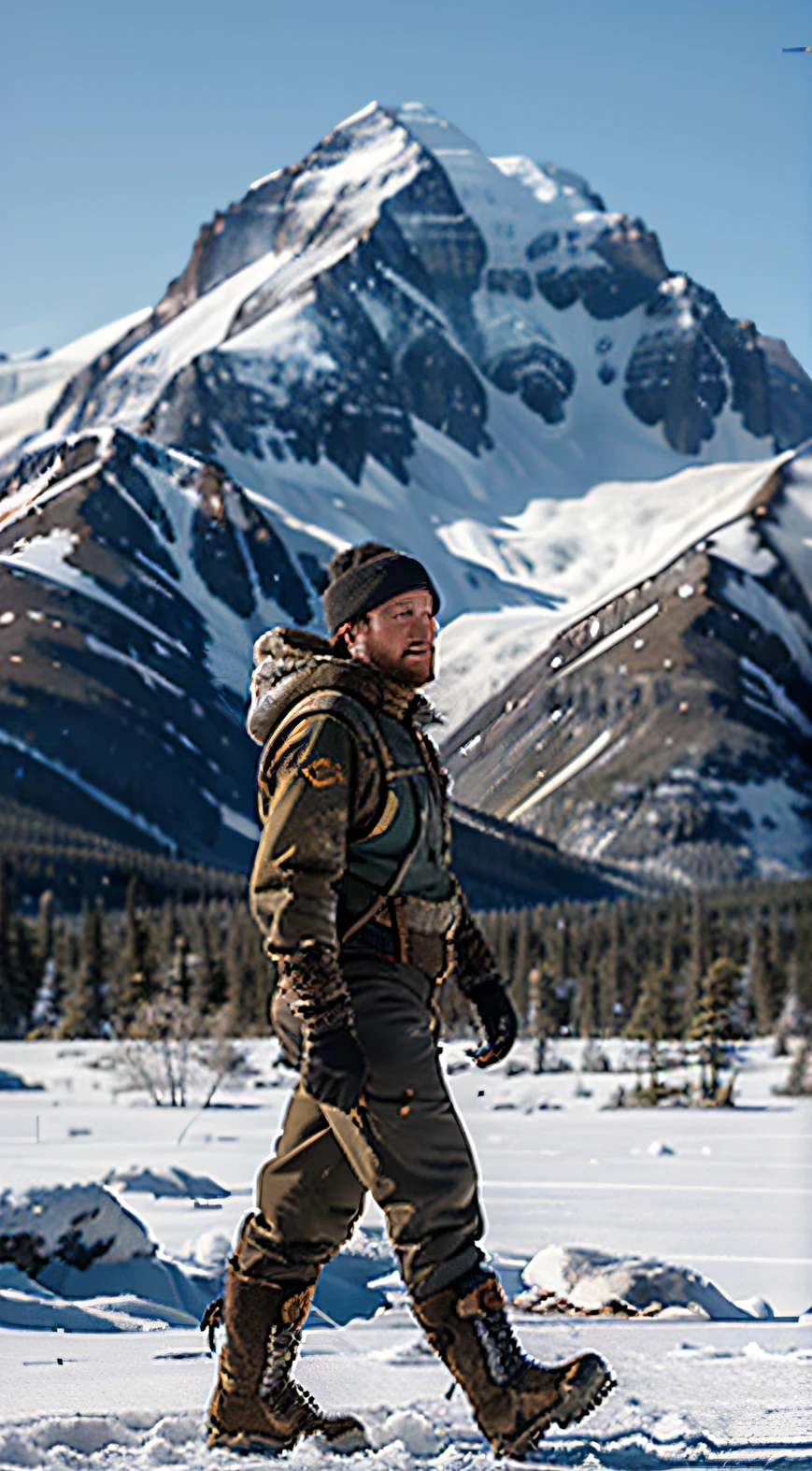 A male hunter walks in the Alaska mountains,Wear hunting gear,Snow boots,snowfield,the woods,Realistic photography style,4K,gigantic mountains,Small human beings