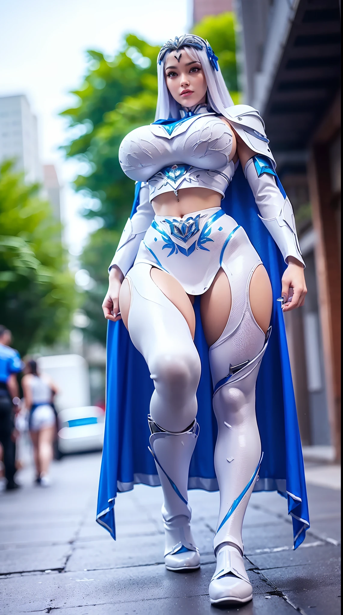 BEST QUALITY, (PHOTOREALISTIC:1.2), HYPER-RESOLUTION,1GIRL, SOLO, (white, blue), (HUGE FAKE BOOBS:1.3), (FUTURISTIC MECHA CROP TOP, EMPRESS CAPE, CLEAVAGE:1.4), (SKINTIGHT YOGA PANTS, HIGH HEELS:1.2), (GLAMOROUS BODY, MUSCLE ABS, LONG LEGS, FULL BODY VIEW:1.2), (LOOKING AT VIEWER:1.5), (WALKING DOWN STREET CYBER NIGHT CITY:1.2), ULTRA HIGHT DEFINITION, 8K, 1080P.