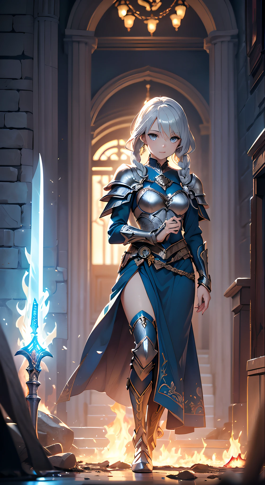A female knight recognized by the legendary holy sword Excalibur、With the protection of the spirit of light, it emits an aura of light.、8k.Half Russian and half Japanese、Russian face、beautiful girl、princess、、Small face、Young face、Big eyes、Skinny、Small breasts、(((Silver Hair、Silver Hair)))、With bangs、(((High resolution big beautiful light blue glowing eyes, )))、Shortcuts、Bobcut、((Sailor suit))、(((Red ribbon in hair、Floral decoration)))、Partially braided、Red bow tie、Transforms into an armored knight at the call of the holy sword Excalibur.、Large sword、A holy sword that emits a pale blue light、((god々He holds up his sword, shining a deep blue, to the sky.))、god々A sword that shines brilliantly、fantasy landscape、Fantasy、Battle with the Dark Knight、Fighting the Demons、Fighting the beastmen