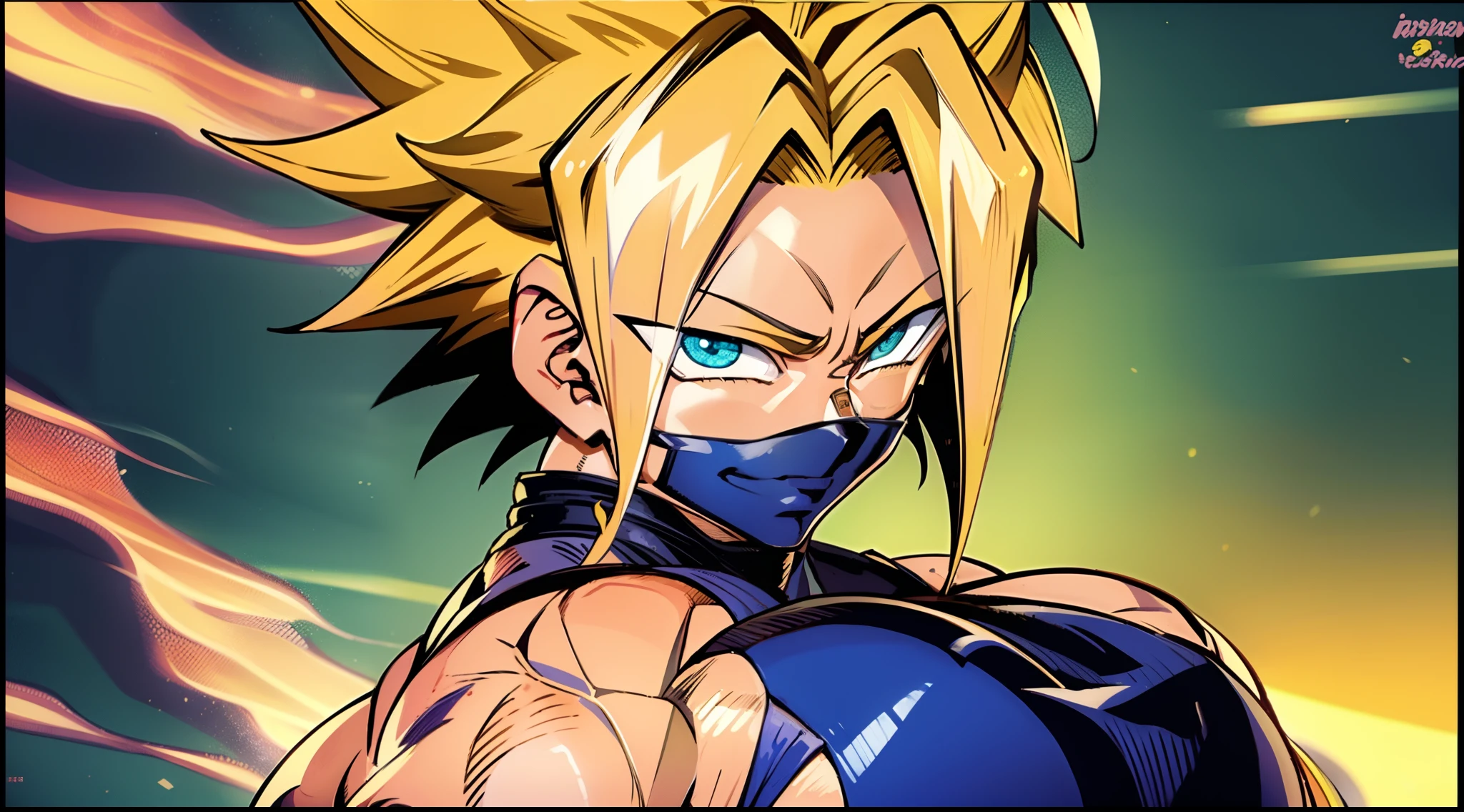 Marle Barrock, parede de corpo inteiro, corpo inteiro, sorriso louco, cabelos espetados, cabelo alto, Hair color yellow gradient diamond, blonde hair, estilo ssj2, Super Saiyajin, super sayajin 2, estilo anime de Dragon Ball, alto detalhe, anime, 4k