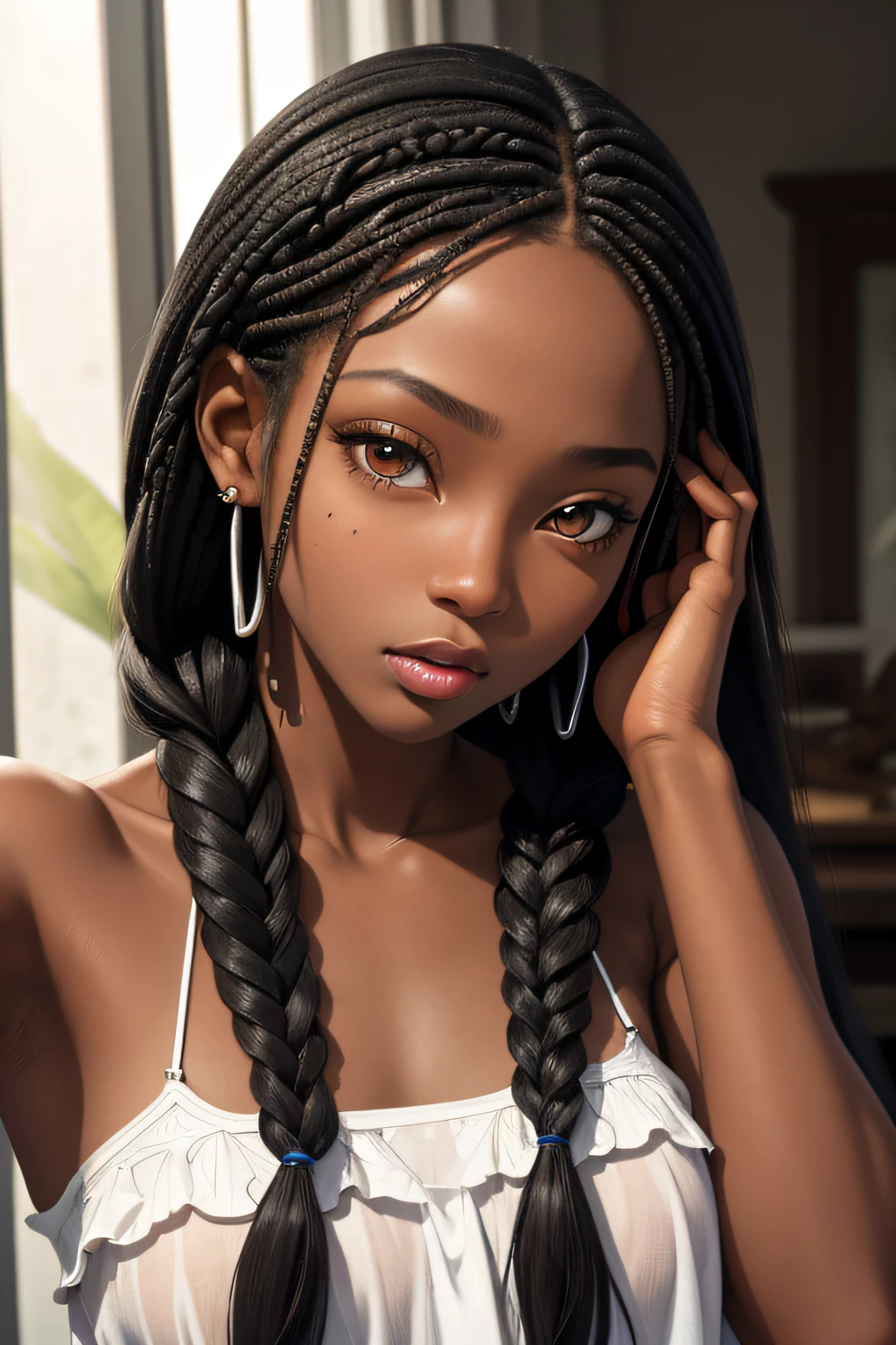 (masterpiece, best quality), deep ebony 1girl, beautiful face, freely hanging braids, surprised hands on face