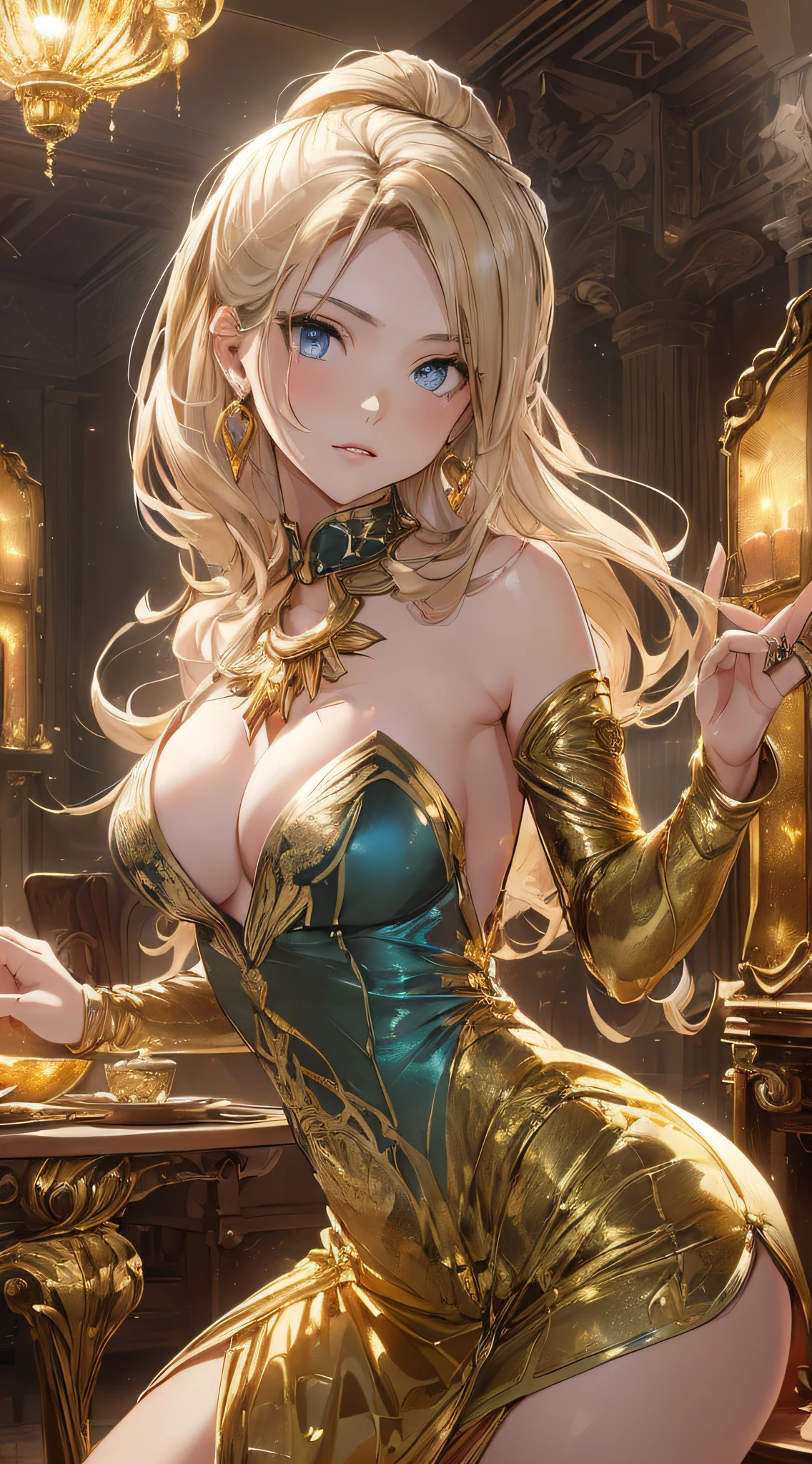 top-quality、Top image quality、​masterpiece、girl with((18year old、Gold underwear,Best Bust、Medium bust、Bust 85,Beautiful blue eyes、Breasts wide open,Sexy Gold Dress、Gold Miniskirt、Gold Earrings、Gold necklace、Gold Ring、Shining golden ponytail、sexypose、bending forward、raise both arm）hiquality、Beautiful Art、Background with(Shining meteors,kosmos、Gold Room、Gold Table、Gold Chair、Monitors、Gold Room、Gold Bookshelf、Golden Falls、phoenix)),masutepiece、Elaborate design、visualart、depth of fields、The best lighting、highestdetailed、Front Angle