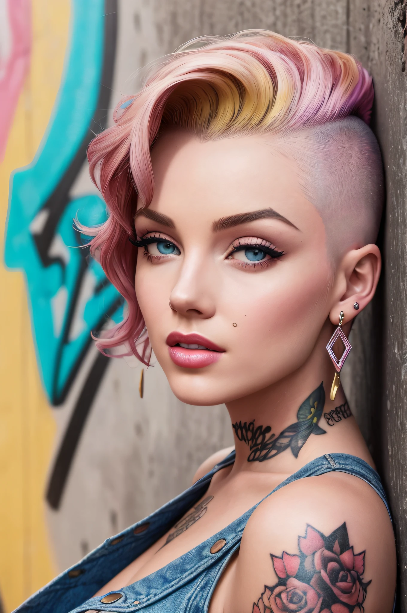 (masterpiece), best quality, expressive eyes, stunning and perfect face. upper body portrait of Marilyn Monroe with ((brunette hair shaved only on one side of her head)) leaning against a wall with graffiti, wearing punk style clothes, jeans jacket, pouting lips, chewing gum, cross shaped earring, nose ring and tattoo, autumn vibes, blushing, looking at the camera, colorful scene, medium shot, focus on the face, professional photography, ultra sharp focus, tetradic colors, soft lighting. The photo was taken with a Canon EOS R camera and has a cinematic, photo realistic quality with vibrant colors and sharp details. intricate, insanely detailed, UHD, HDR, 32k