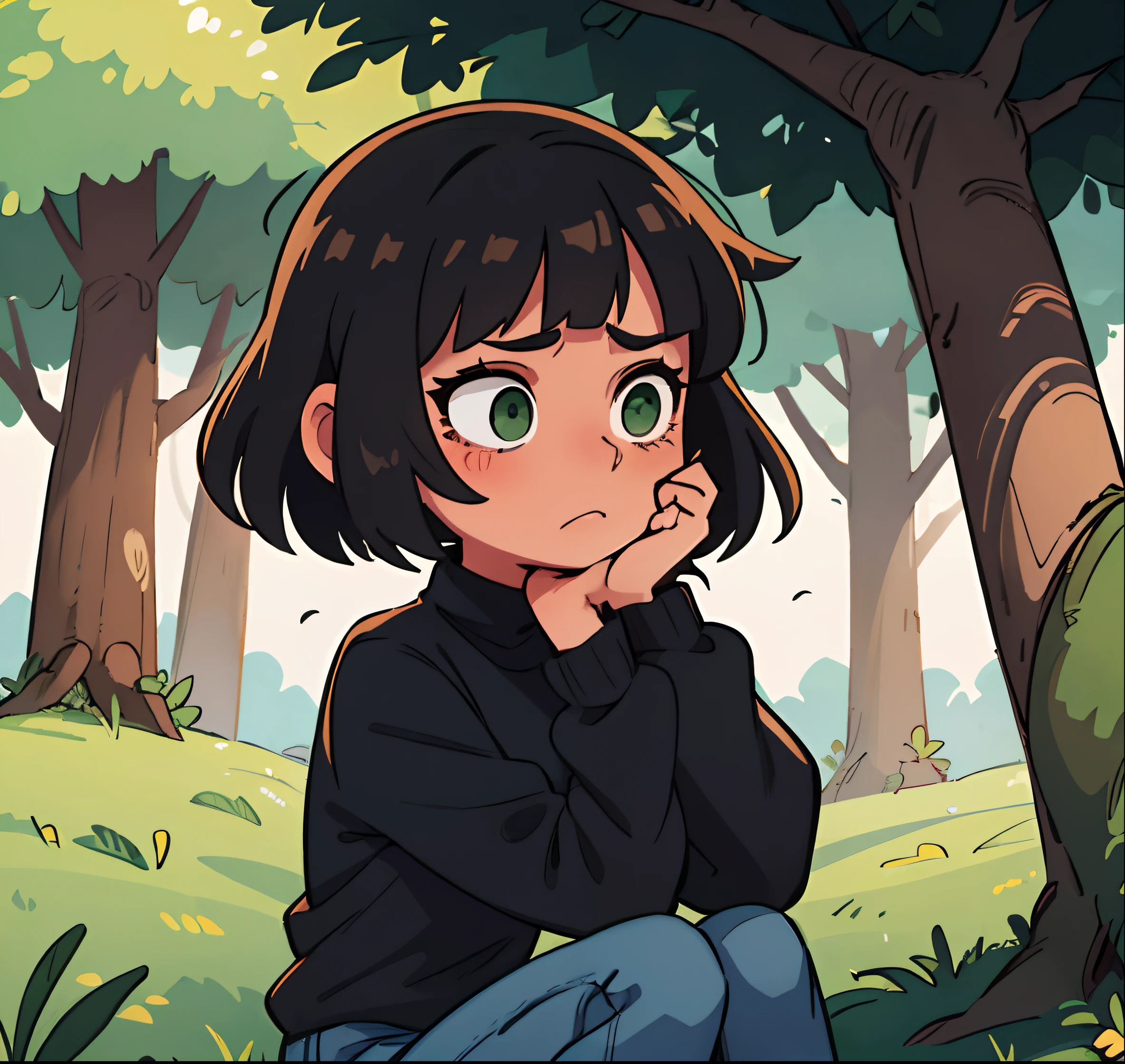 girl with short hair, light brown green eyes, In black sweater jeans crying under a tree in the forest