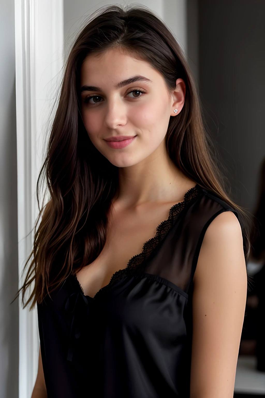 Instagram Photo, Photo de visage en gros plan de 20 Y.o Chloé french girl, en pull noir, Fission, pale skinned, (sourire:0.4), Ombres dures, Best quality, tmasterpiece, ultra-high-resolution, (Fotorealistisch:1.4), RAW Photo, 1filles, ((Chemise de nuit en dentelle noire)), ((grande poitrine)), cold light