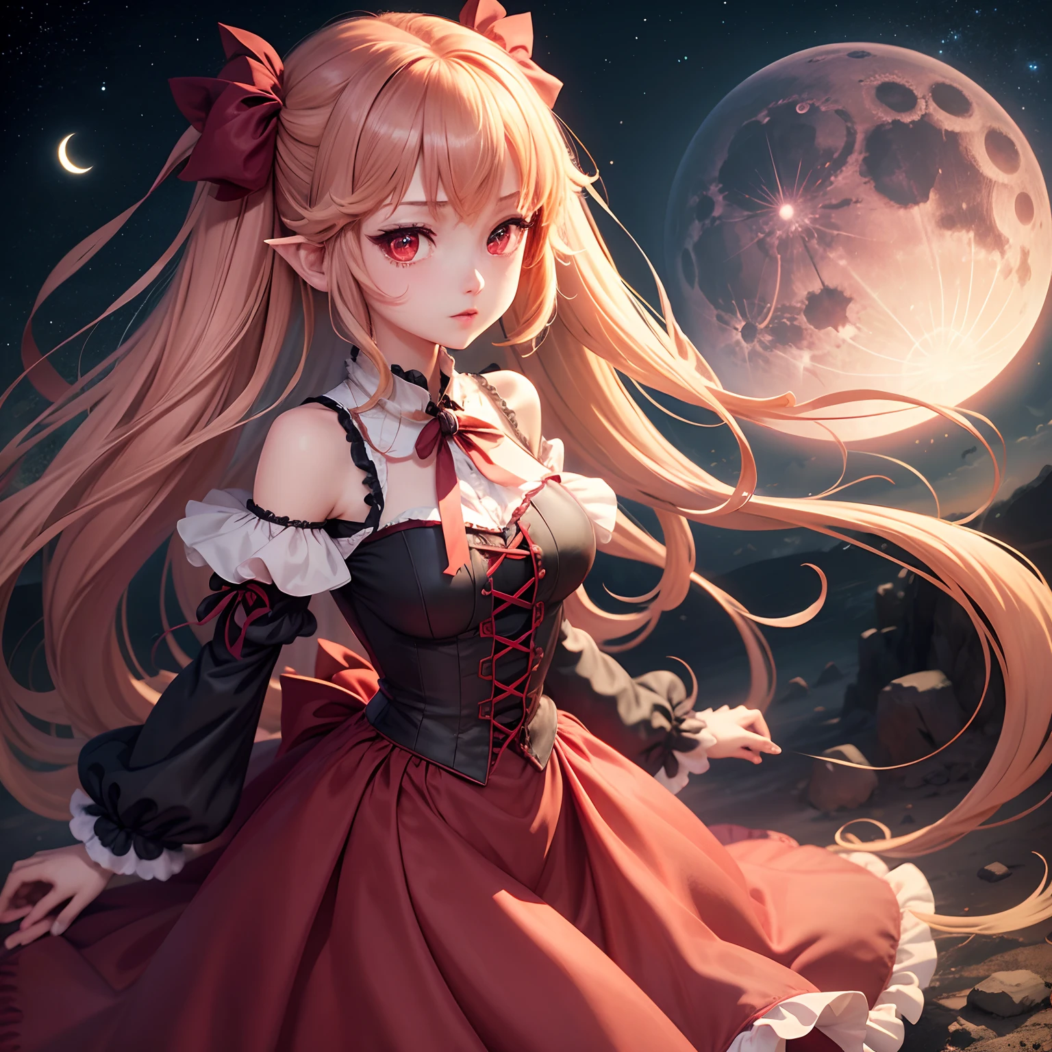 Anime girl with long hair and a red dress in front of a full moon ...