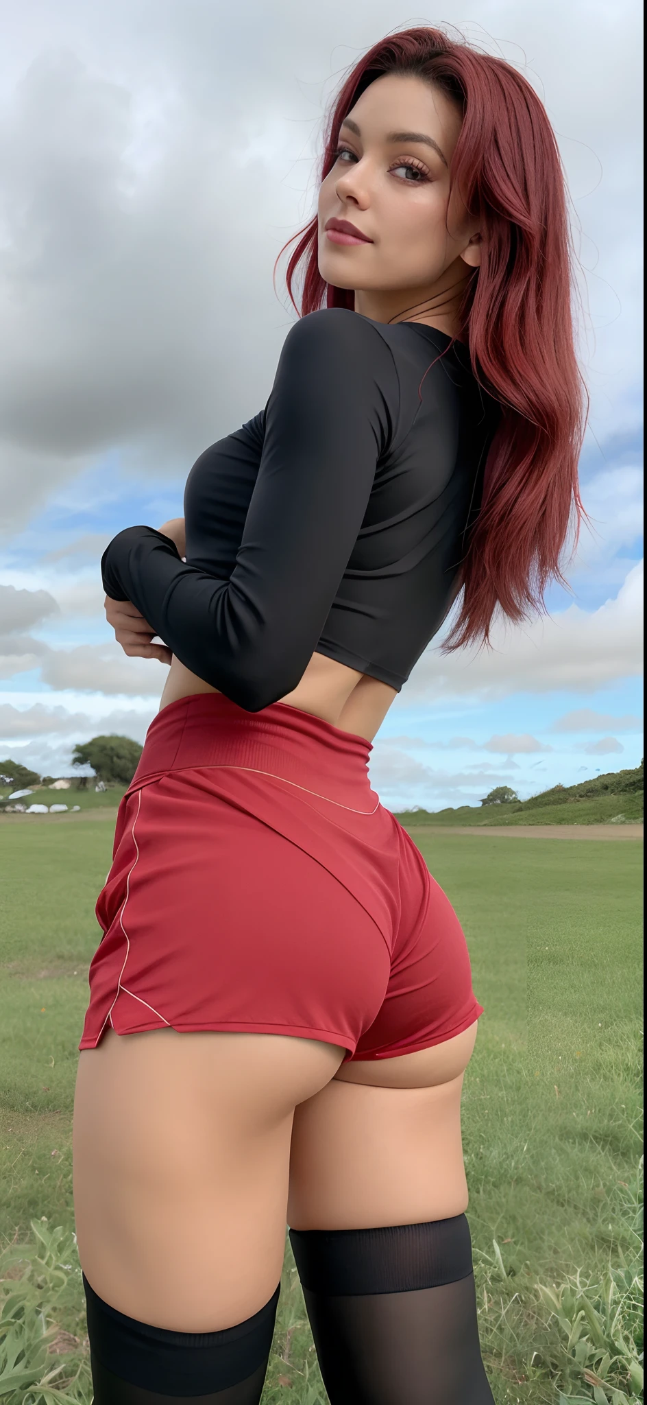 uma mulher de bermuda vermelha e top preto posando em um campo, vestindo shorts vermelhos, cropped vermelho yoga curto, roupa apertada, usando roupas simples e apertadas, usando uma roupa vermelha, vermelho, de bermuda, com uma saia vermelha, roupas vermelhas, roupas esportivas vermelhas, baixa estatura, coxas grossas, vermelho e preto, ajuste apertado, cintura magra e quadris grossos, Coxas