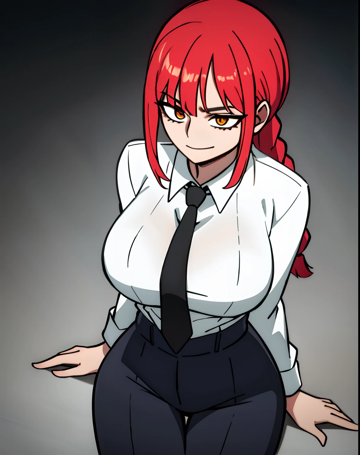 est quality, 1girl, white wet shirt, collared shirt, black necktie, black trousers, looking down, sensual, rotated, granny flat, evening, corneo_makima, makima \(chainsaw man\), (large breasts:1.4) , fingersmile:1.2, bored, ringed eyes, red hair, braided ponytail, color connection, colorized, vibrant color scheme, colorful, spot color, nsfw, cinematography, hyperdetailed, beautiful face, 4k, HD, artstation trending on artstation, wanostyle