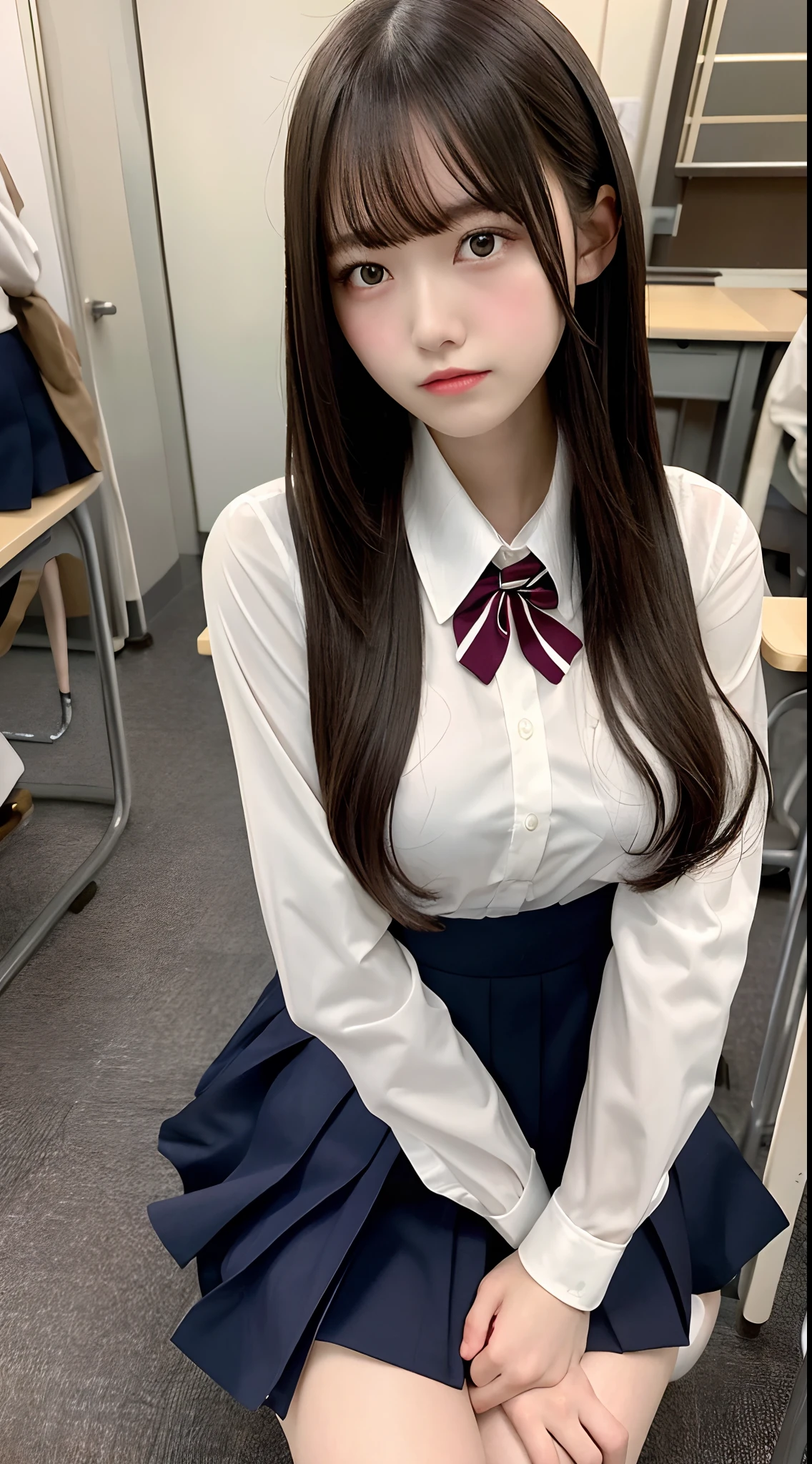 Best quality, masterpiece, ultra high res, (sobbing:0.7), 1girl, class room, DARK hair, dramatic lighting, breasts,  (high-school uniform:1.2),