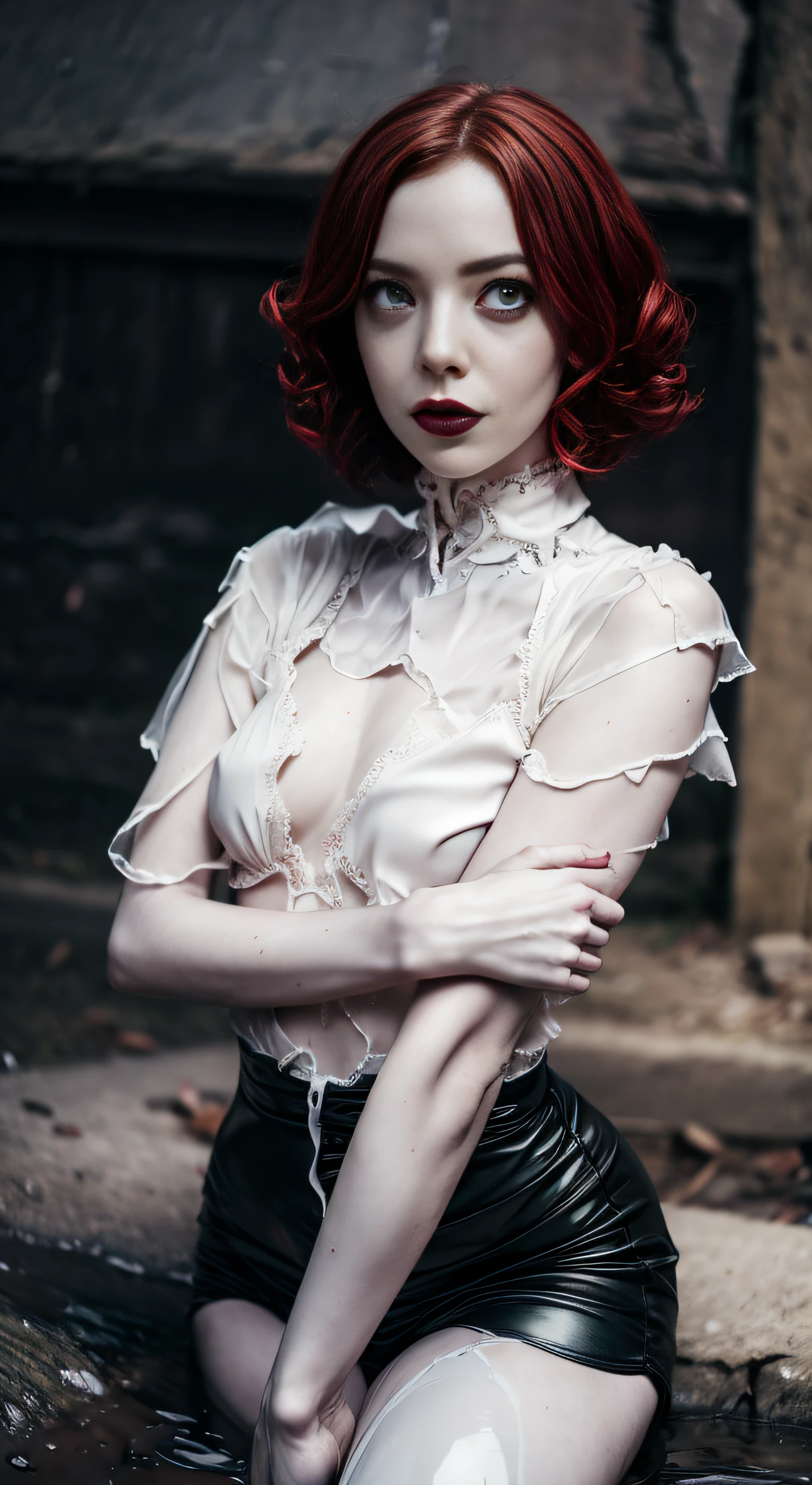 goth Emma Stone, red curly hair, pale white skin, black lipstic, black eyeliner, piersings.