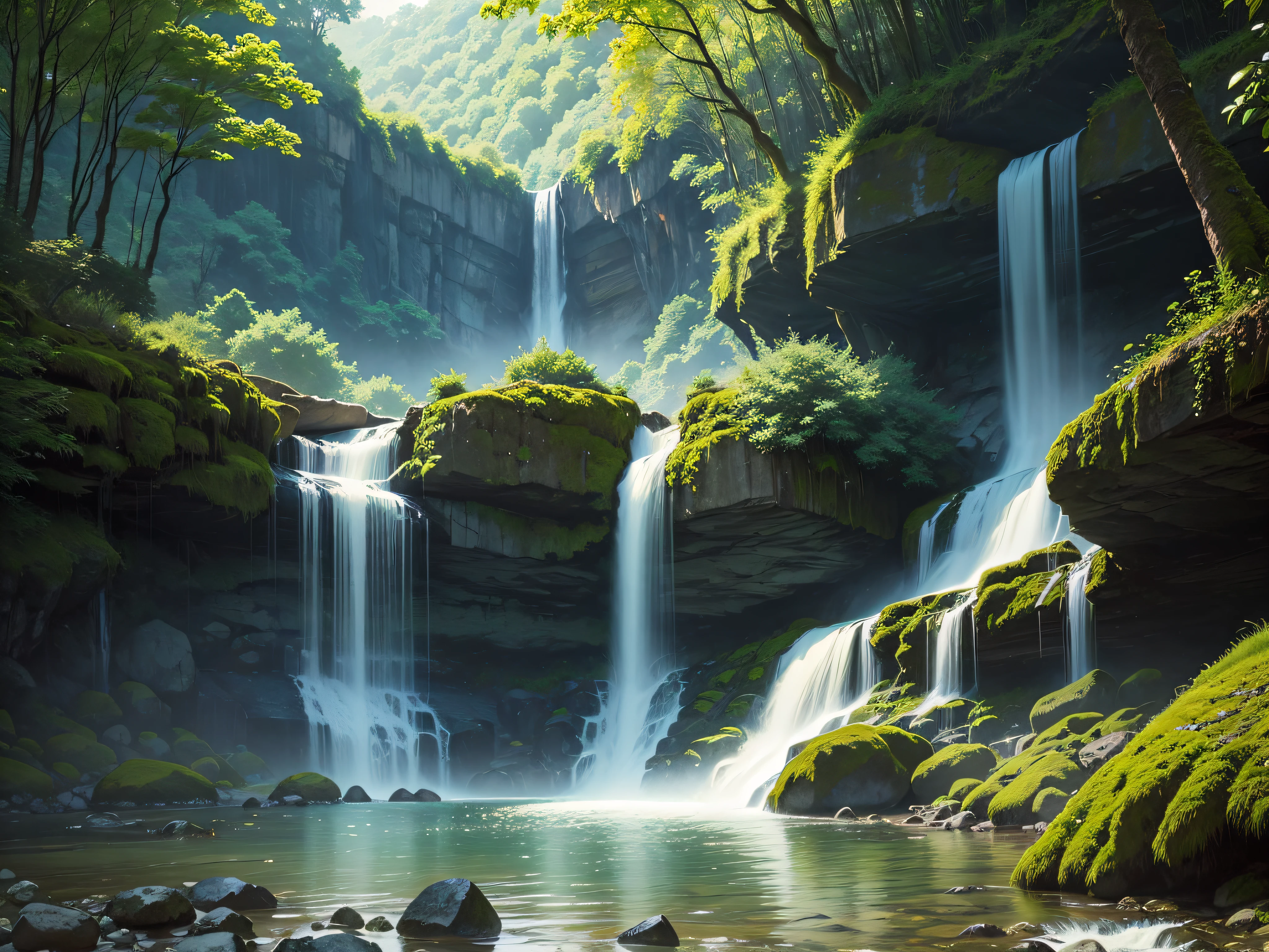 waterfall, water, forest, nature, river, cascade, landscape, green, stream, tree, fall, park, tropical, rock, stone, jungle, lake, flow, spring, scenery, trees, moss, mountain, fresh, pond