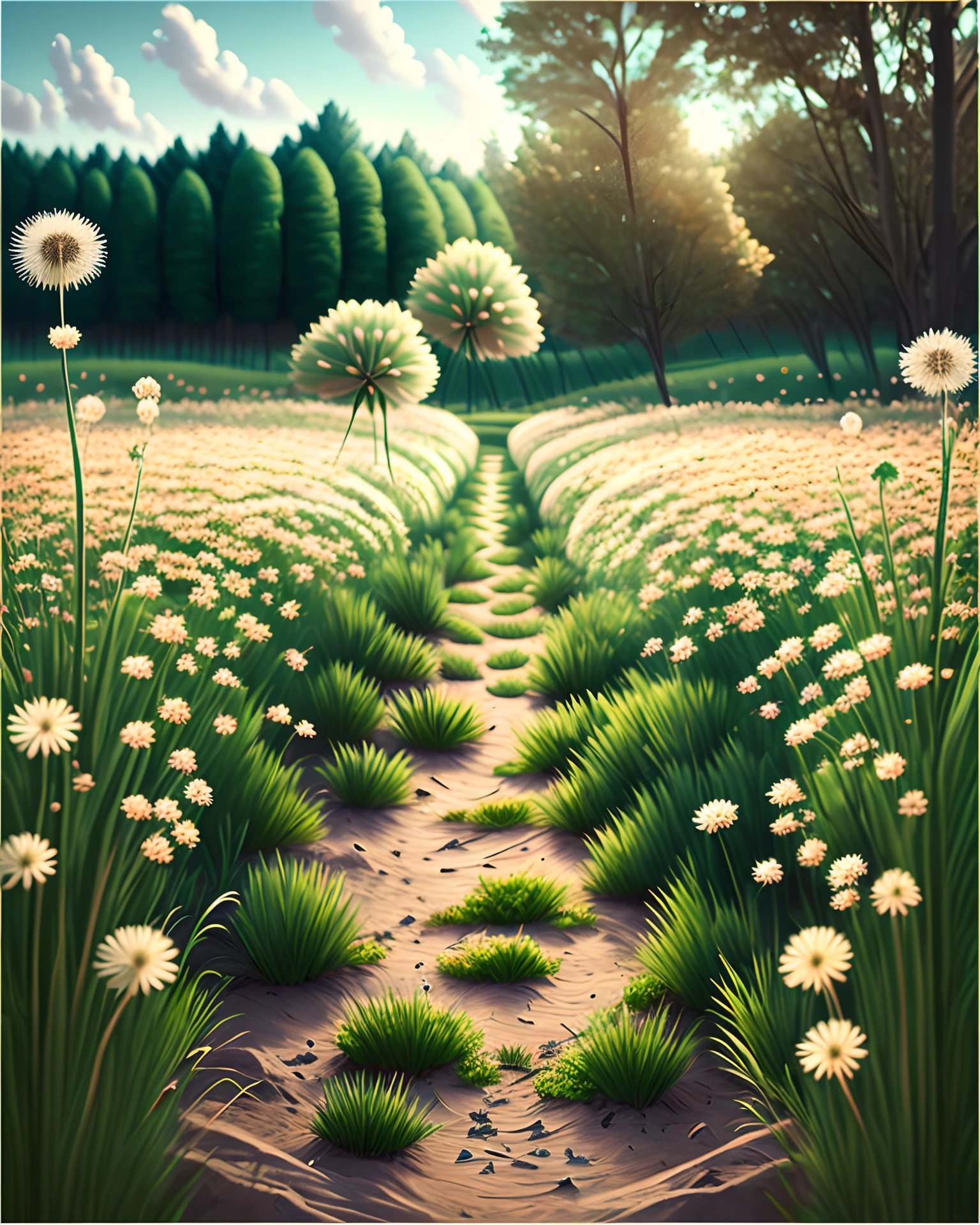 Realistic photographic image of a moment of serenity where an open field appears focusing on a plant called dandelion --auto --s2