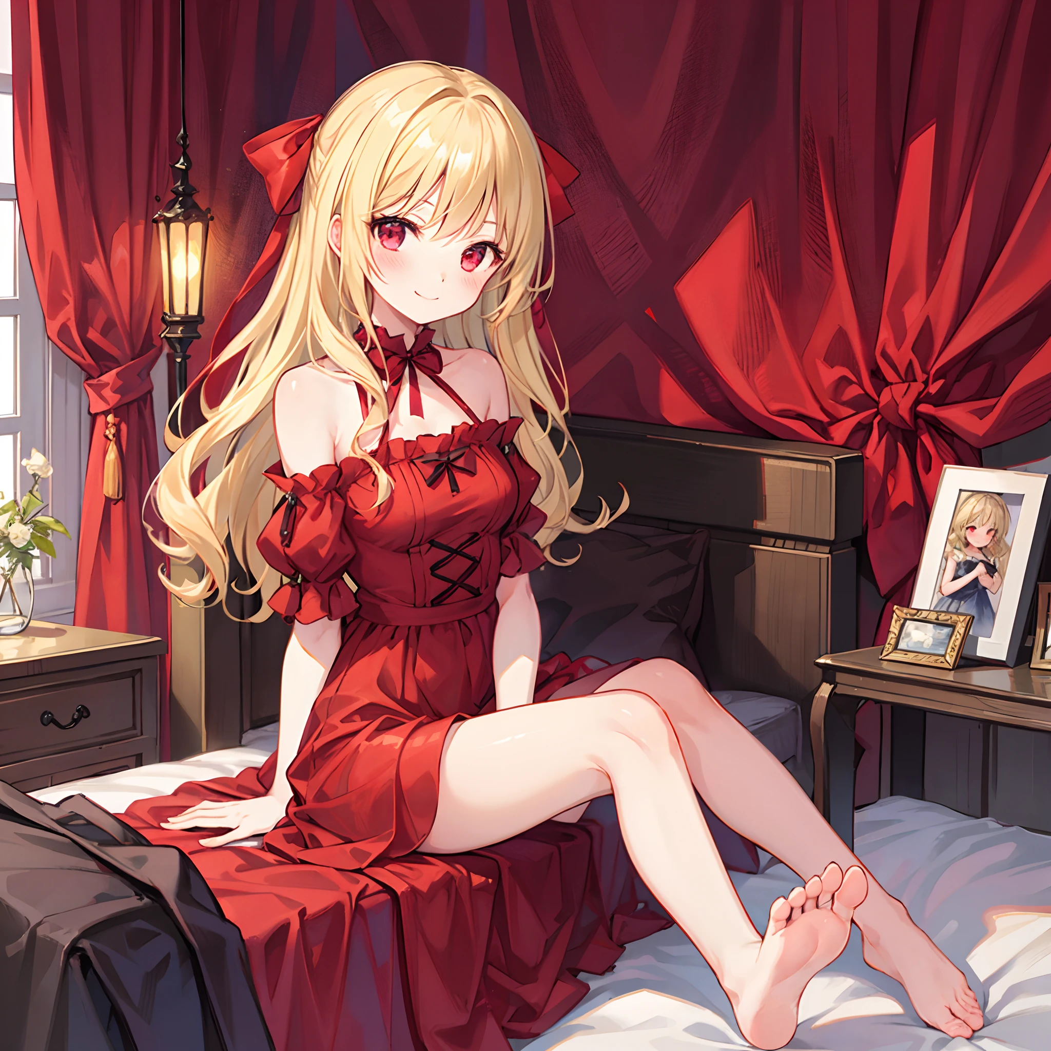 Wavy blonde、red eyes、bow ribbon、Beautiful girl alone、red blush、Red dress、Raw feet、Sitting in bed、Western-style interior、a smile