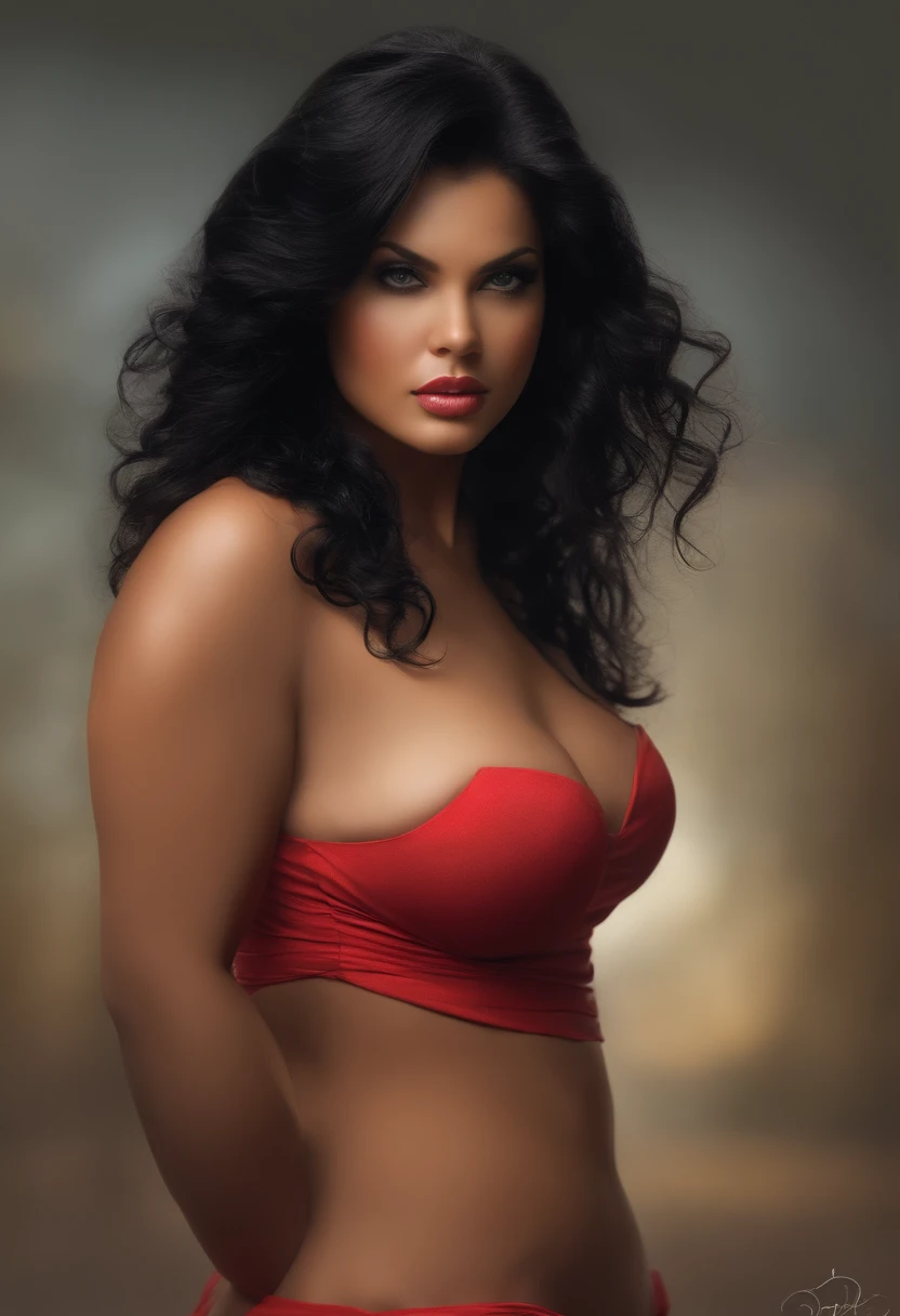 naked powerfull woman, black hair, cute face, big paunch