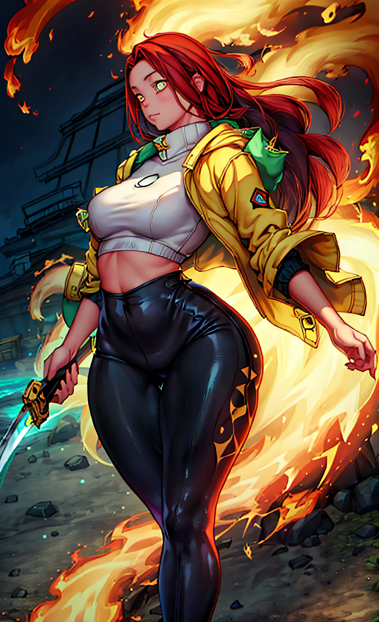 ultra-detailed, illustration, 1girl, Best quality, masterpiece, ultra high res, (photorealistic:1.4), cold light, wearing black and red leggins, big ass, big legs, thick thighs, small waist, big hips, female, red hair, long hair, loose hair, yellow eyes, wearing black coat, use a katana, magical warrior, confident, (masterpiece:1.2, best quality), beautiful, a 23yo woman, fiery hair, fire goddess, (glowing red eyes), extremely detailed face, beautiful detailed eyes, defined jawline, (perfect anatomy), wearing red armor, midriff, textured skin, hot lighting, flames, embers, measures 70-40-95, beautiful figure, confidant, wearing black leggins, big legs, highly voluptuous thighs, wears a black coat, fire powers, fire hero, big ass, solo girl, thick legs,