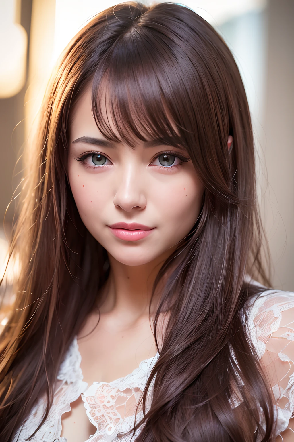 (realistic, photo-realistic:1.37),(8k, RAW photo, best quality, masterpiece:1.2), cute, ultra-detailed,heart-shaped pupils,physically-based rendering, ultra high res, kodakvision color, shot on Arricam LT Camera, bokeh, sharp focus,
looking at viewer,photorealistic,realistic, solo, photorealistic, best quality,extremely detailed face,extremely detailed eyes and face, beautiful detailed eyes,absurdres, incredibly absurdres,haunting smile,Messy hair, floating hair, ,