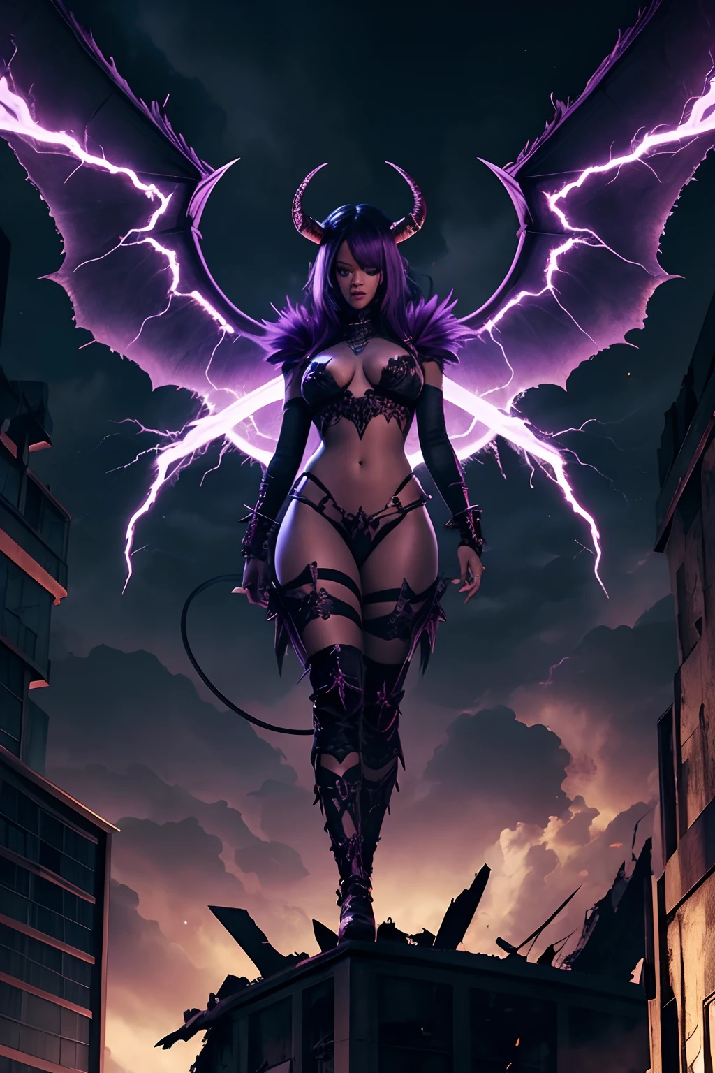 Rihanna as a hyper-giant, Hyper-powerful demon with two demon horns on his head and demon wings, Purple lightning fire on a building and shatters buildings , ville en ruine post apocalyptique,