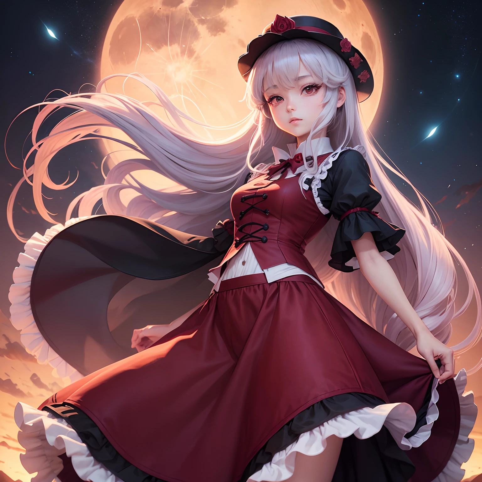 Deities々Right　年轻　Anime style　doress　top grade　top-quality　1 girl in　Illustrator　long  skirt　moon in background　Beautiful fece　mystical　Lemilia Scarlet　Touhou Project