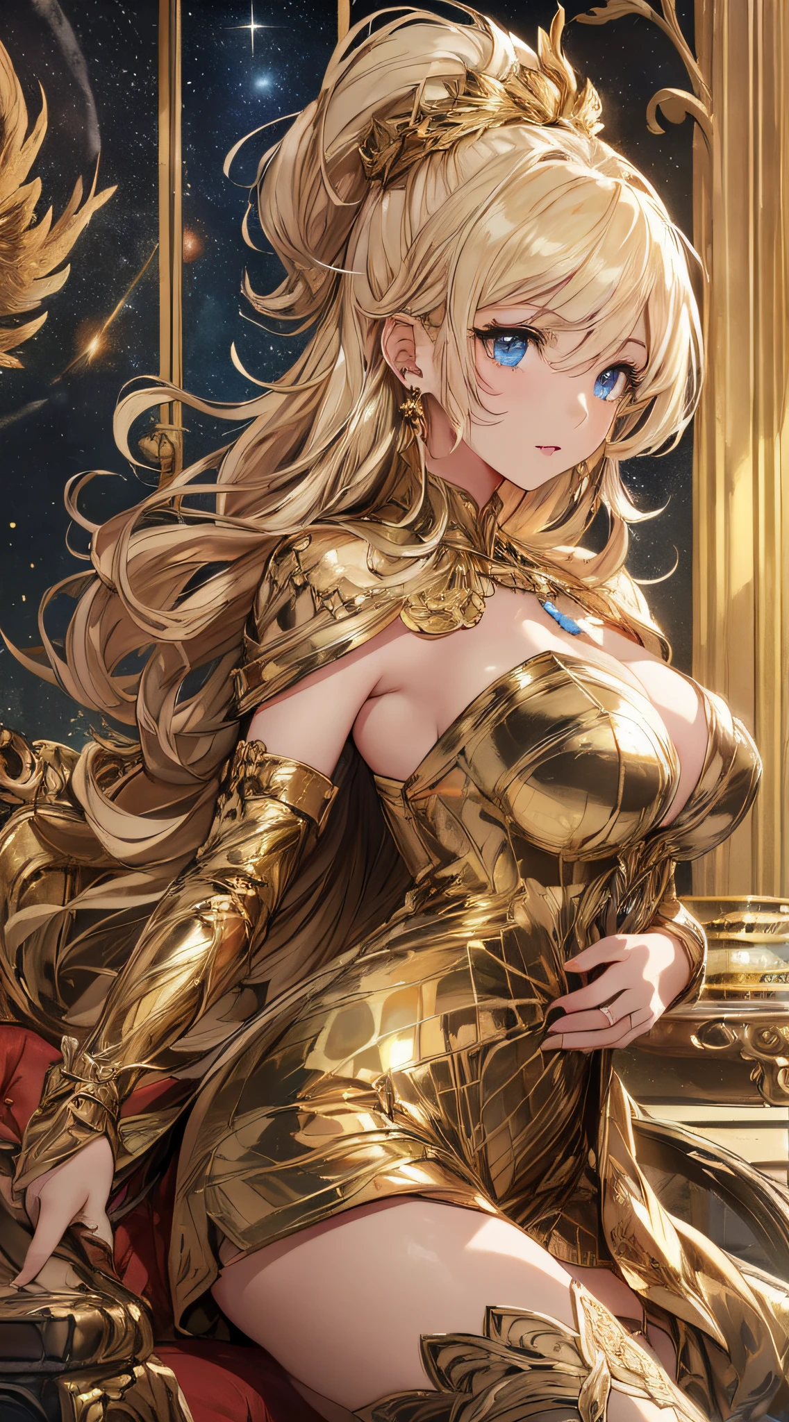 top-quality、Top image quality、​masterpiece、girl with((18year old、Gold underwear,Best Bust、Medium bust、Bust 85,Beautiful blue eyes、Breasts wide open,Sexy Gold Dress、Gold Miniskirt、Gold Earrings、Gold necklace、Gold Ring、Shining golden ponytail、sexypose、Slouch greatly）hiquality、Beautiful Art、Background with(Shining meteors,kosmos、Gold Room、Gold Table、Gold Chair、Monitors、Gold Room、Gold Bookshelf、Golden Falls、phoenix)),masutepiece、Elaborate design、visualart、depth of fields、The best lighting、highestdetailed、Front Angle