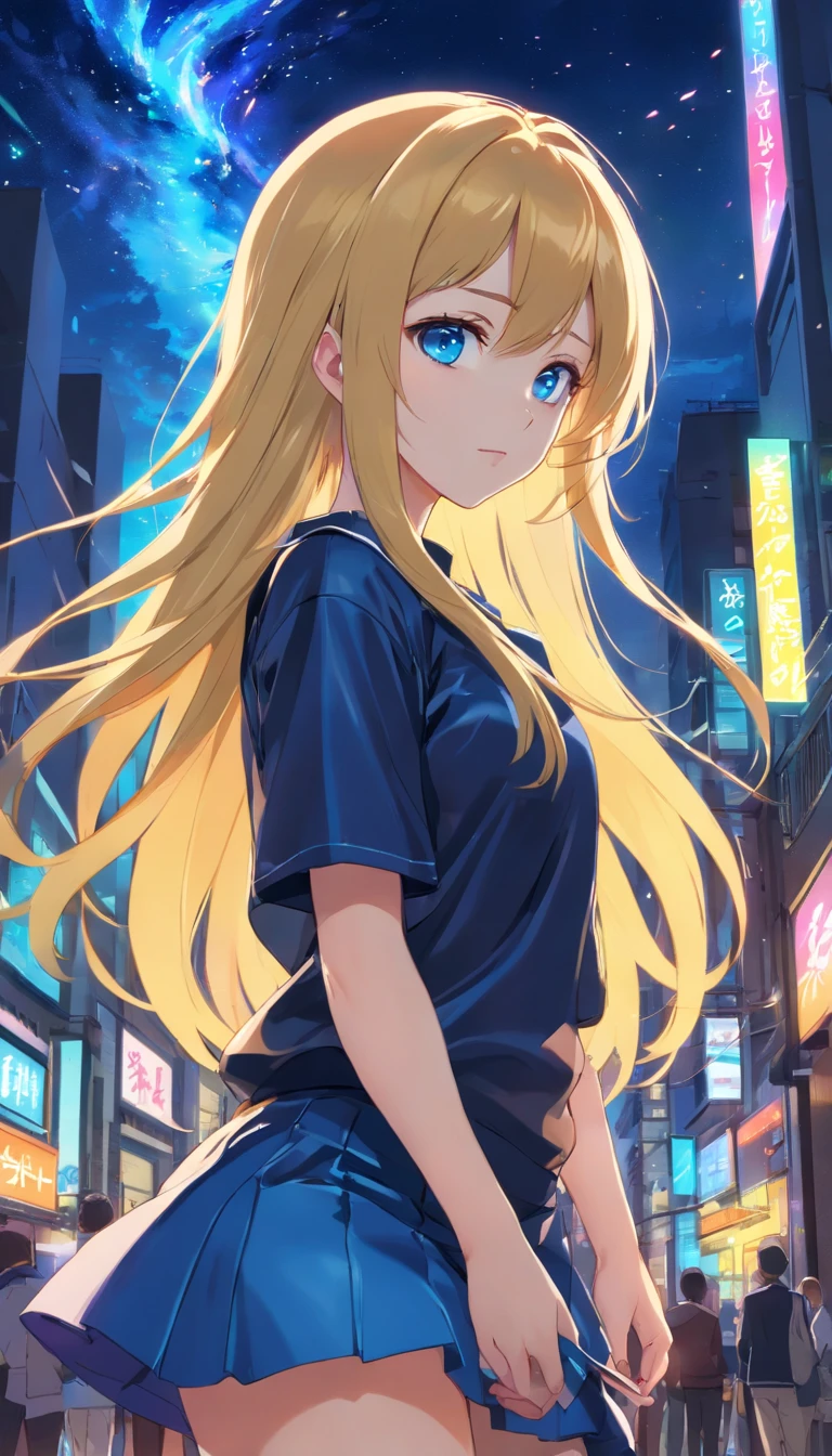 (Satisfying aesthetics:1.2)、(A Beautiful Girl)、(Long golden hair and colorful blue eyes.:1.2)、Wearing a black leather miniskirt dress.、Stand on the building.、night sky、sexy pose、Full Body Esbian、boot、(Full Body Esbian)