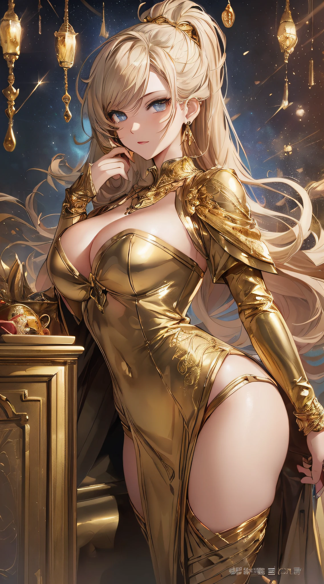 top-quality、Top image quality、masterpiece、girl with((18year old、Gold underwear,Best Bust、Medium bust、Bust 85,Beautiful blue eyes、Breasts wide open,Sexy Gold Dress、Gold Miniskirt、Gold Earrings、Gold necklace、Gold Ring、Shining golden ponytail、sexypose、Slouch greatly)hiquality、Beautiful Art、Background with(Shining meteors,kosmos、Gold Room、Gold Table、Gold Chair、Monitors、Gold Room、Gold Bookshelf、Golden Falls、phoenix)),masutepiece、Elaborate design、visualart、depth of fields、The best lighting、highestdetailed、Front Angle