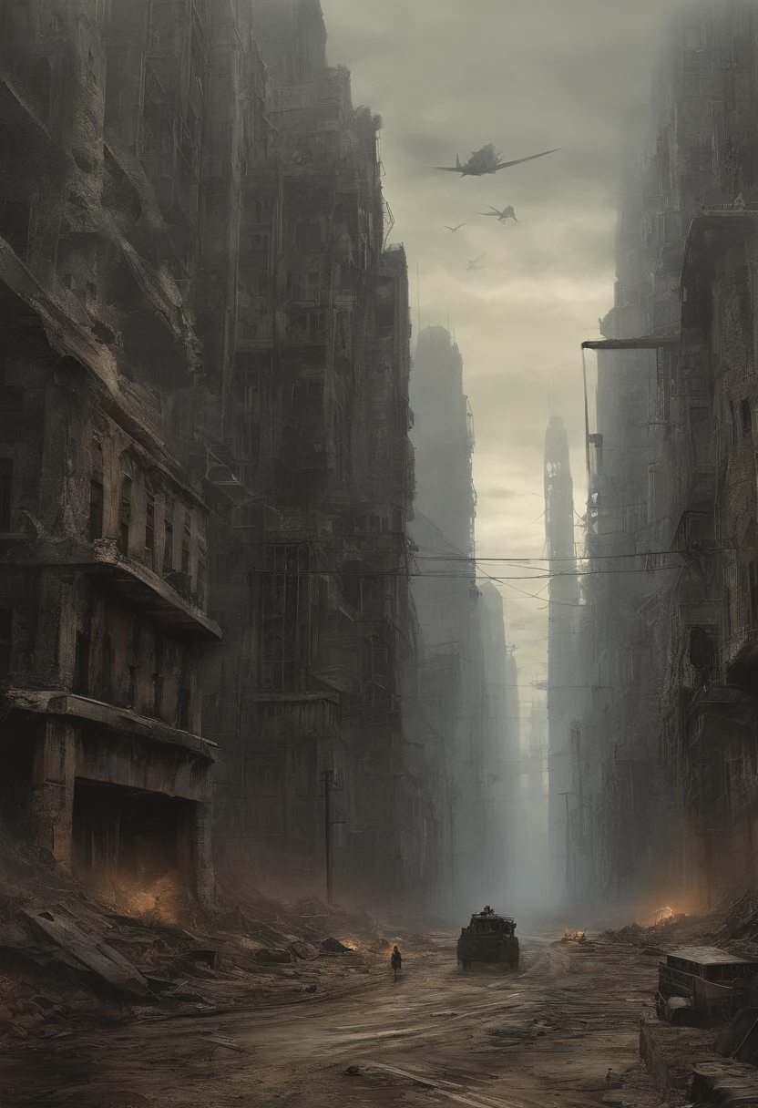 Create dystopian masterpieces，Depict the destroyed futuristic cityscape in a gritty game concept art style. The artwork should evoke a sense of futuristic desolation and despair, post apocalyptic world. Keep an eye on the intricacies of detail, Sharp focus, and a highly detailed description of the ruined city. Take inspiration from the artistic styles of Wayne Barlow and Zdislav Beksiński. Deliver this image in movie view format, Show the bleak beauty of this decaying world.