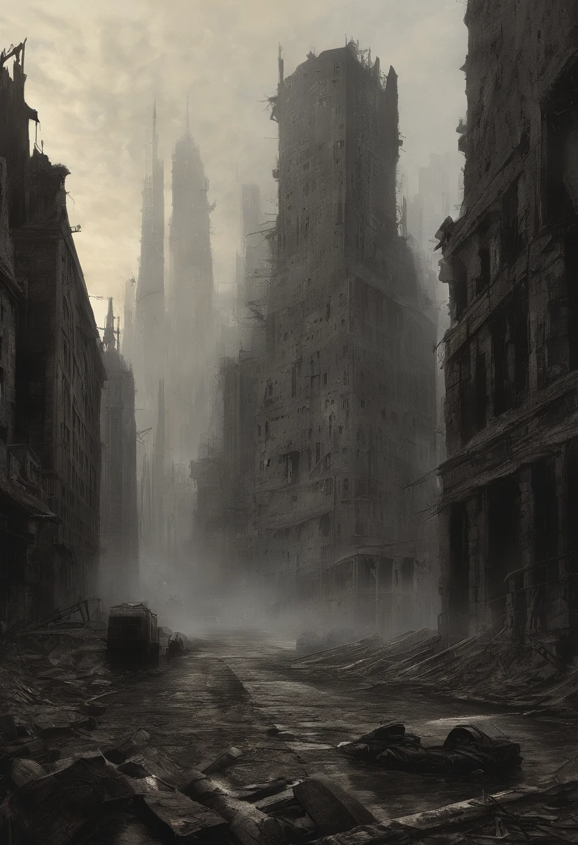 Create dystopian masterpieces,Depict the destroyed futuristic cityscape in a gritty game concept art style. The artwork should evoke a sense of futuristic desolation and despair, post apocalyptic world. Keep an eye on the intricacies of detail, Sharp focus, and a highly detailed description of the ruined city. Take inspiration from the artistic styles of Wayne Barlow and Zdislav Beksiński. Deliver this image in movie view format, Show the bleak beauty of this decaying world.