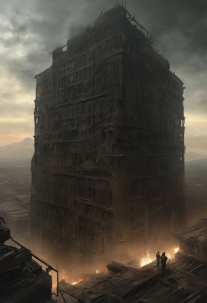 Create dystopian masterpieces，Depict the destroyed futuristic cityscape in a gritty game concept art style. The artwork should evoke a sense of futuristic desolation and despair, post apocalyptic world. Keep an eye on the intricacies of detail, Sharp focus, and a highly detailed description of the ruined city. Take inspiration from the artistic styles of Wayne Barlow and Zdislav Beksiński. Deliver this image in movie view format, Show the bleak beauty of this decaying world.