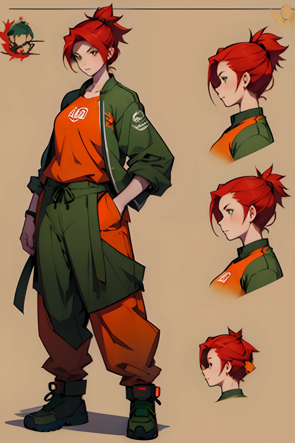 character sheet, character design, tomboy hairstyle, head turn around, side view, red hair, green eyes, girl, tomboy, red and orange clothes