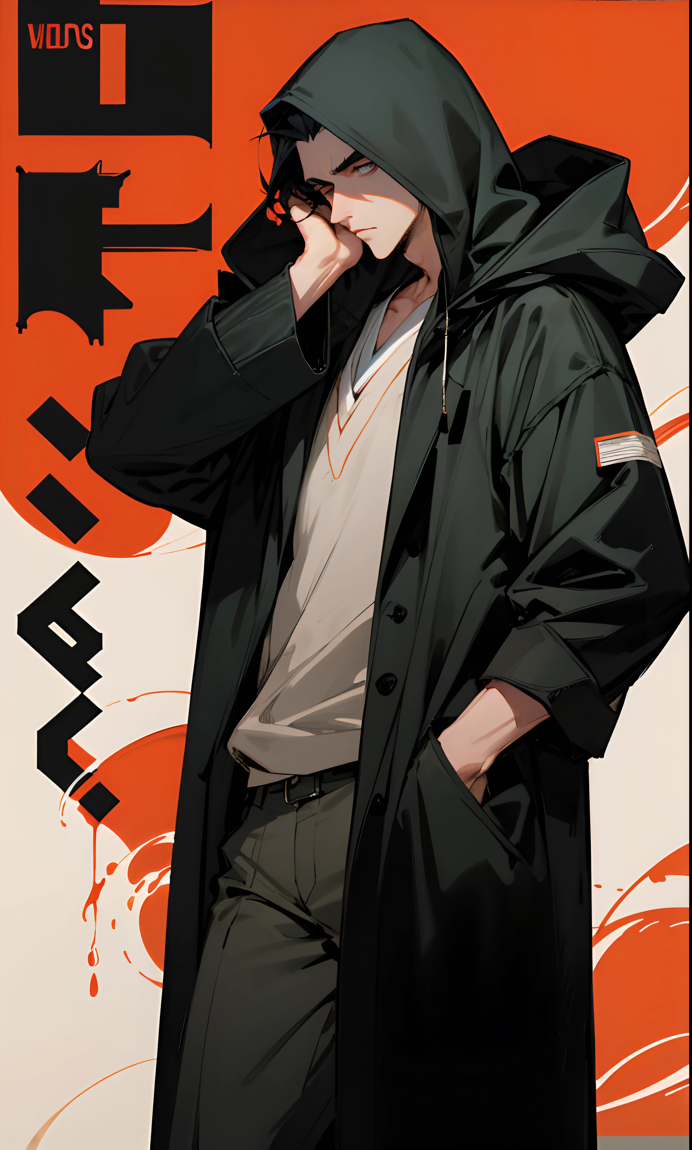 handsome man with black hair who looks homeless wears a black coat and covers his head with a hood , in anime style and dark vibes for a novel cover