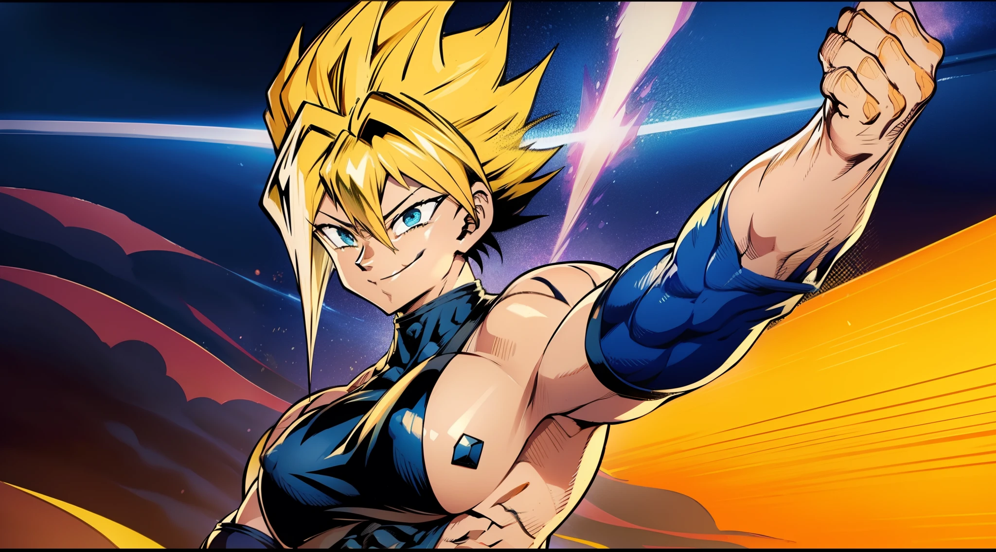 Marle Barrock, parede de corpo inteiro, corpo inteiro, sorriso louco, cabelos espetados, cabelo alto, Hair color yellow gradient diamond, blonde hair, estilo ssj2, Super Saiyajin, super sayajin 2, estilo anime de Dragon Ball, alto detalhe, anime, 4k