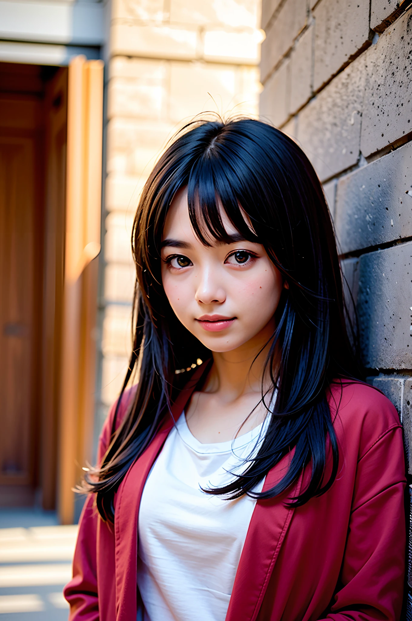 ​masterpiece, top-quality、Raw foto, Photorealsitic、1womanl、Face shot、15yo student、Yokohama Red Brick Warehouse、Leaning against the wall、oversize jacket、sideshot、Autumn clothes in warm colors、A smile、Smaller chest、unbelievable Ridiculous、depth of fields, hight resolution, ultra-detailliert, foco nítido, Cinematic lighting、Add highlights to the eyes