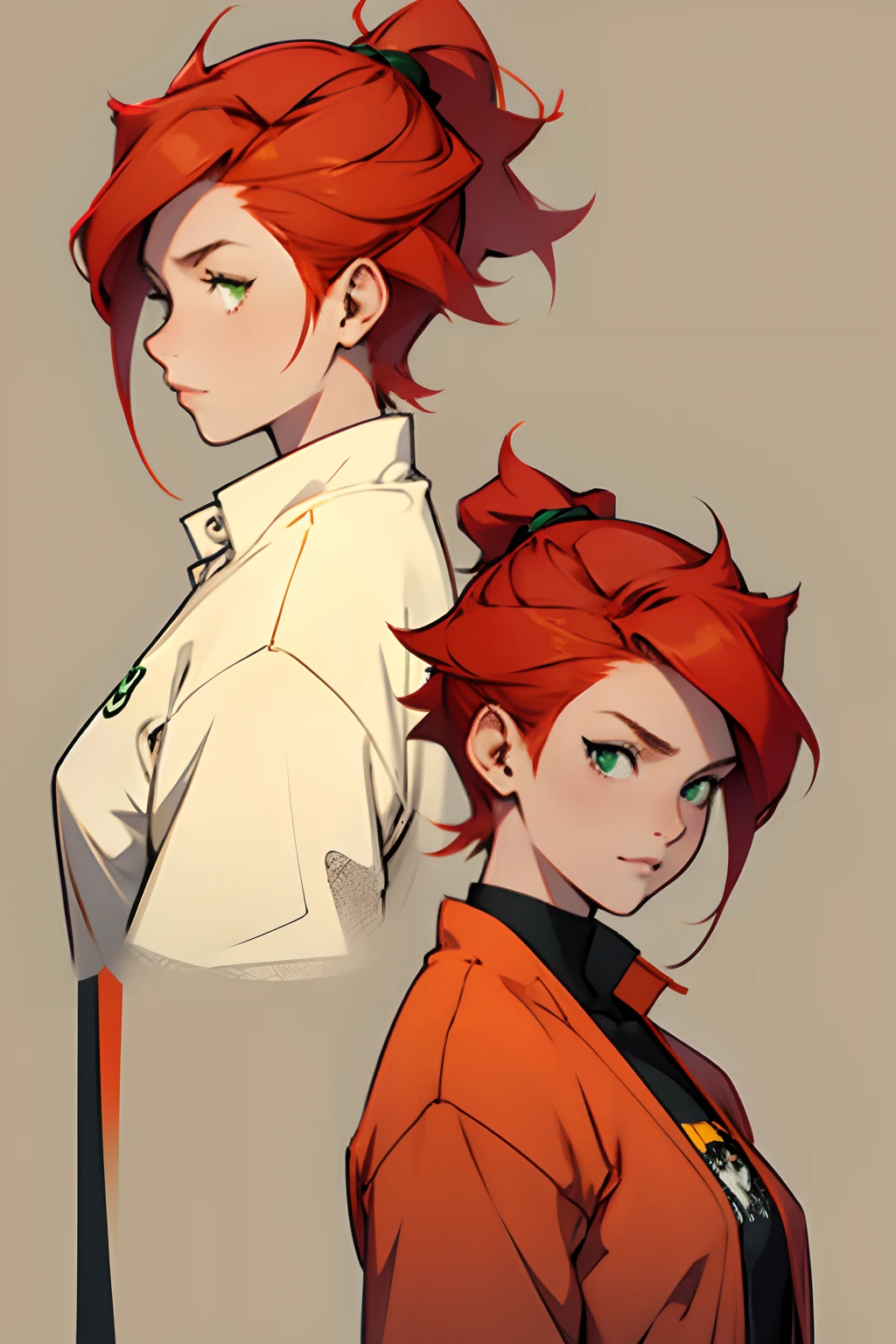 character sheet, character design, tomboy hairstyle, head turn around, side view, red hair, green eyes, girl, tomboy, red and orange clothes
