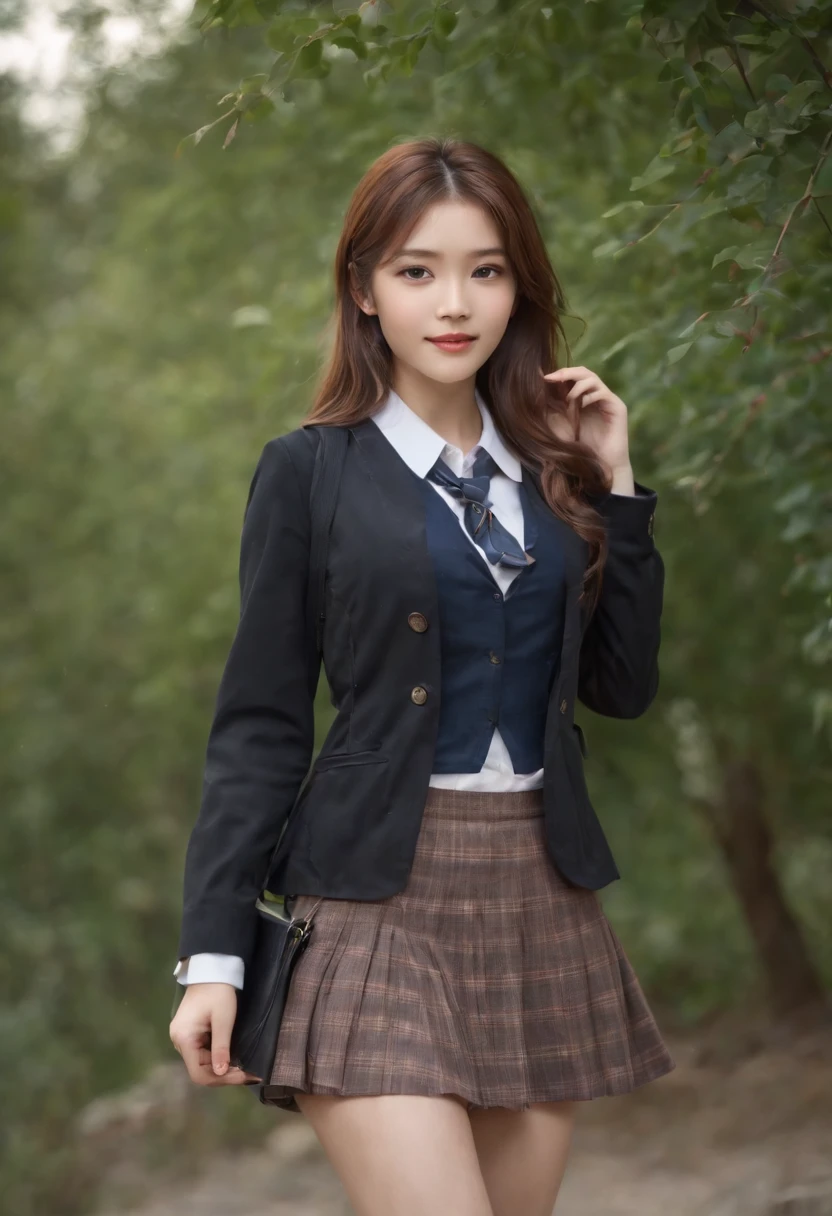 Best Quality,masutepiece,超A high resolution,Raw photo,Detail Face,Detailed skin,(Realistic, Photorealsitic:1.3),Dramatic Lighting,Light on Face,1girl in,Solo,Cowboy Shot,Standing,copper hair,forest,Outdoors,Looking at Viewer,Smile,Long hair,Bangs,Lady of Athar,A MILF,Narrow waist,skinny,Open your clothes,Black pantyhose,Black jacket,School uniform,Long sleeves,sleeves past wrists,Collared shirt,Pleated skirt,Black skirt,Miniskirt,plaid skirts,Bag,shoes,Black footwear,Blazer,Cardigan,Plaid,School bag,neck tie,highschool,Street,tree,Lens Flare,Wind,
filmg,mix4,