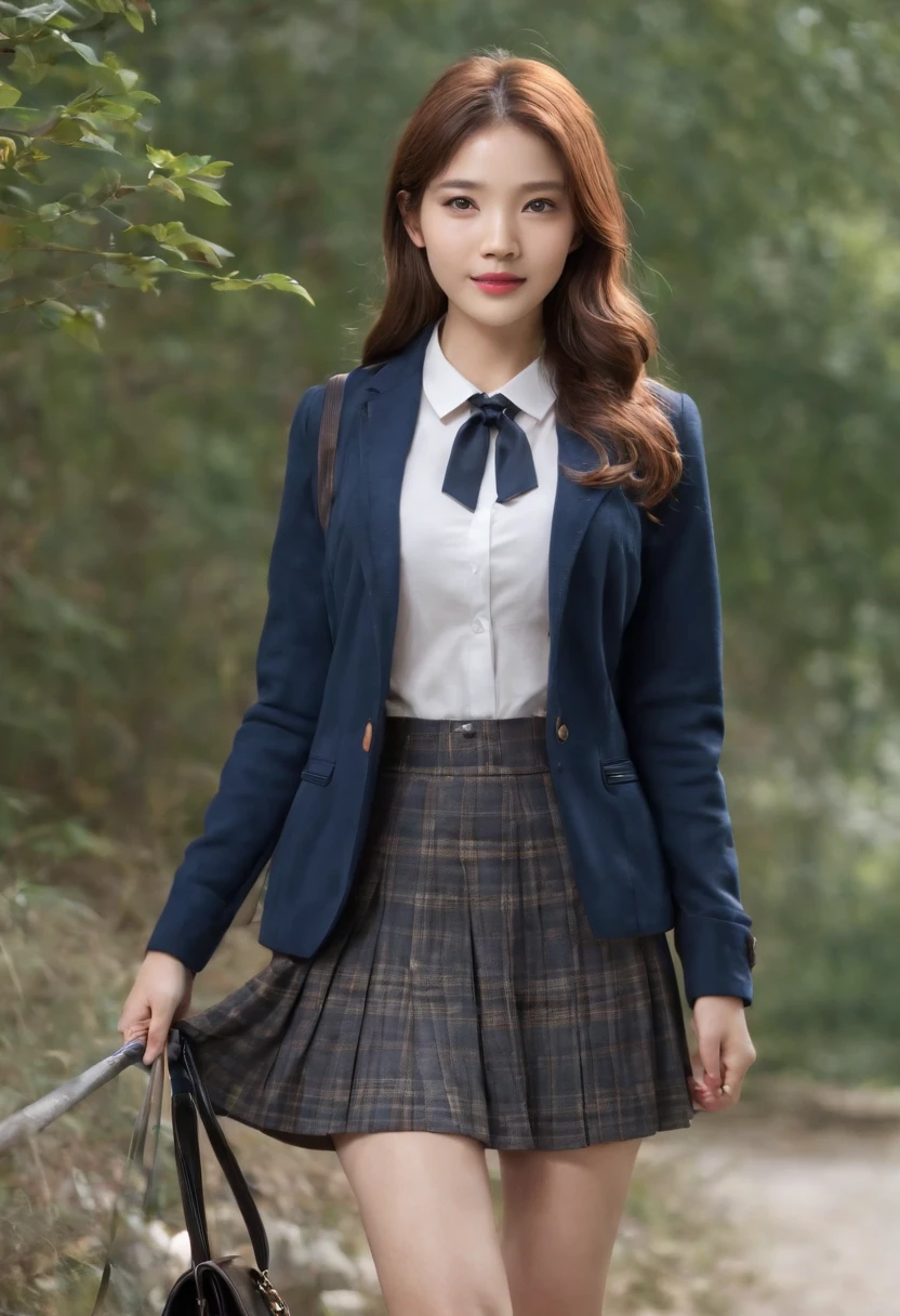 Best Quality,masutepiece,超A high resolution,Raw photo,Detail Face,Detailed skin,(Realistic, Photorealsitic:1.3),Dramatic Lighting,Light on Face,1girl in,Solo,Cowboy Shot,Standing,copper hair,forest,Outdoors,Looking at Viewer,Smile,Long hair,Bangs,Lady of Athar,A MILF,Narrow waist,skinny,Open your clothes,Black pantyhose,Black jacket,School uniform,Long sleeves,sleeves past wrists,Collared shirt,Pleated skirt,Black skirt,Miniskirt,plaid skirts,Bag,shoes,Black footwear,Blazer,Cardigan,Plaid,School bag,neck tie,highschool,Street,tree,Lens Flare,Wind,
filmg,mix4,