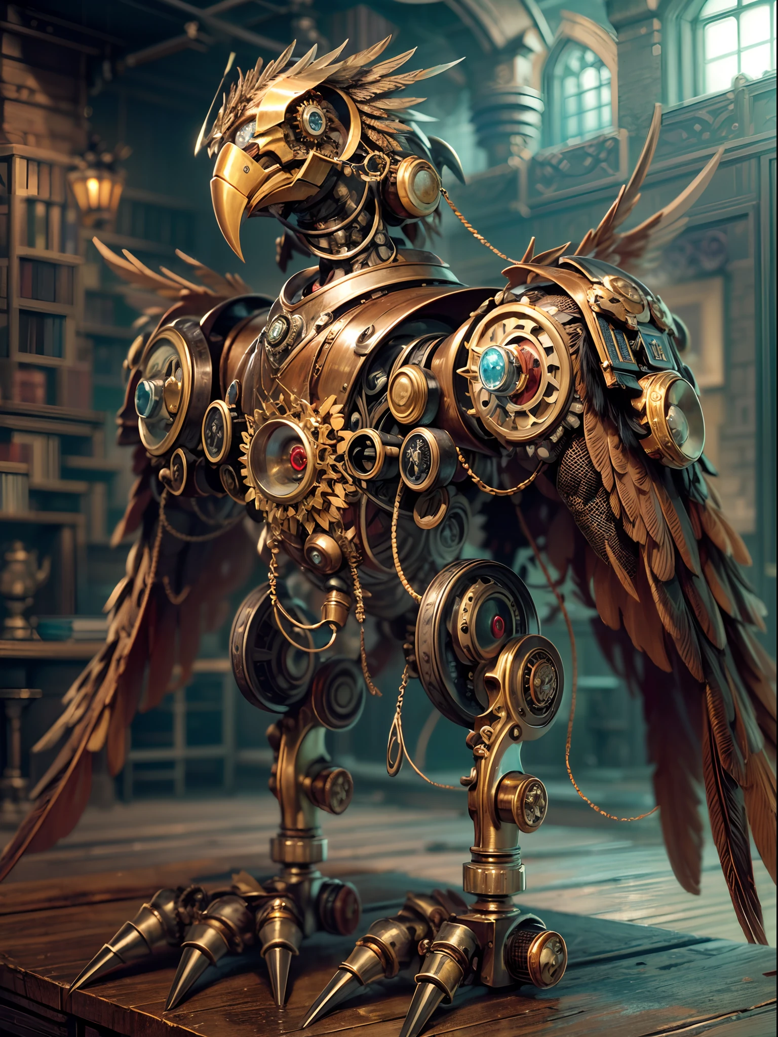 (best quality, ultra-detailed, realistic:1.37),full body, close shot, steampunk mechanical eagle robot, a steampunk eagle robot ,bronze color, tube and pipe, gears and metal, rising steam, metallic wings and claws, metallic head and peck, metallic feather,detailed metallic feathers, intricate mechanisms, intricate steampunk design, intricate cogwheel system, vintage and futuristic fusion, vibrant and rich textures, atmospheric lighting, sizzling steam, captivating shades of bronze, awe-inspiring presence, mesmerizing attention to detail, dynamic and powerful pose, mystical aura, evoking a sense of adventure, masterful fusion of science and fantasy.