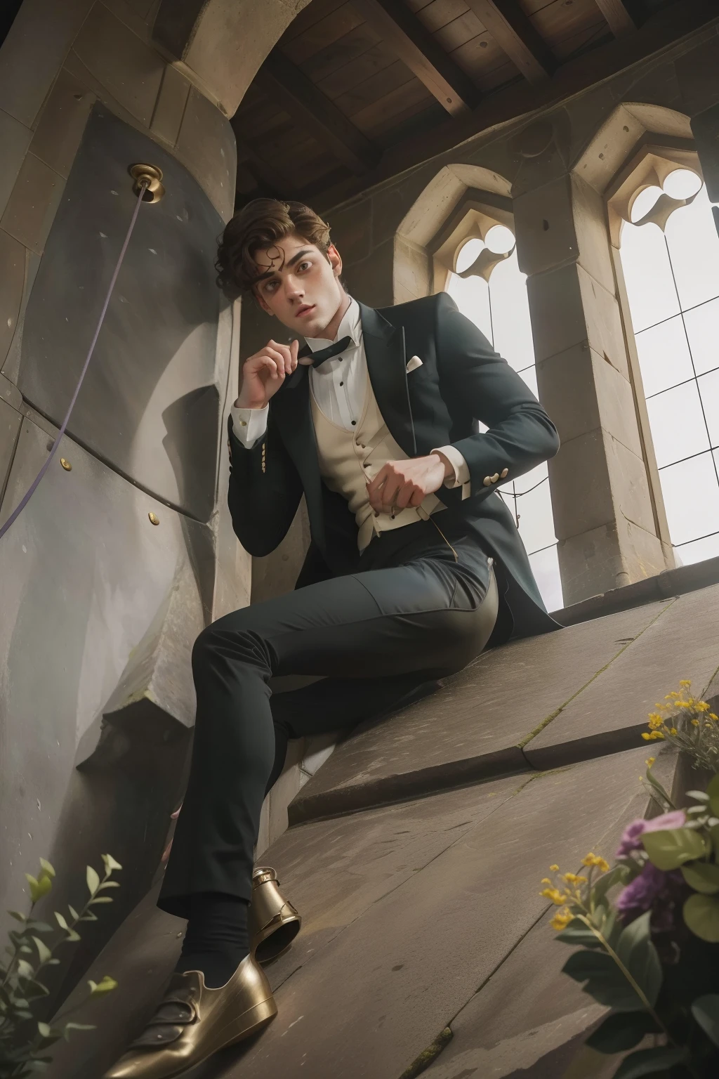 year: 2023. Location: Scothland. Pre-Raphaelite scene with a 20-year-old Matthew Daddario, wearing a tuxedo, in a rustic bell tower, ((((climbing up the bell)))), danger, ((((gala Clothing from the 2020s)))) ((Hairstyle of the 2020s)), pastel colors, (((cinematic style)))