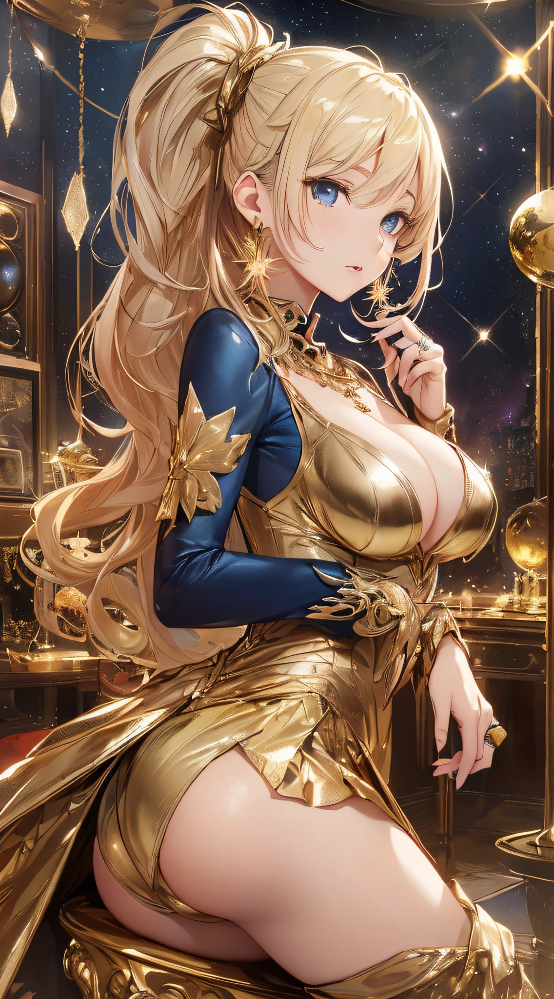 top-quality、Top image quality、masterpiece、girl with((18year old、Gold underwear,Best Bust、Medium bust、Bust 85,Beautiful blue eyes、Breasts wide open,Sexy Gold Dress、Gold Miniskirt、Gold Earrings、Gold necklace、Gold Ring、Shining golden ponytail、sexypose、Turn your butt towards us)hiquality、Beautiful Art、Background with(Shining meteors,kosmos、Gold Room、Gold Table、Gold Chair、Monitors、Gold Room、Gold Bookshelf、Golden Falls、phoenix)),masutepiece、Elaborate design、visualart、depth of fields、The best lighting、highestdetailed、Front Angle