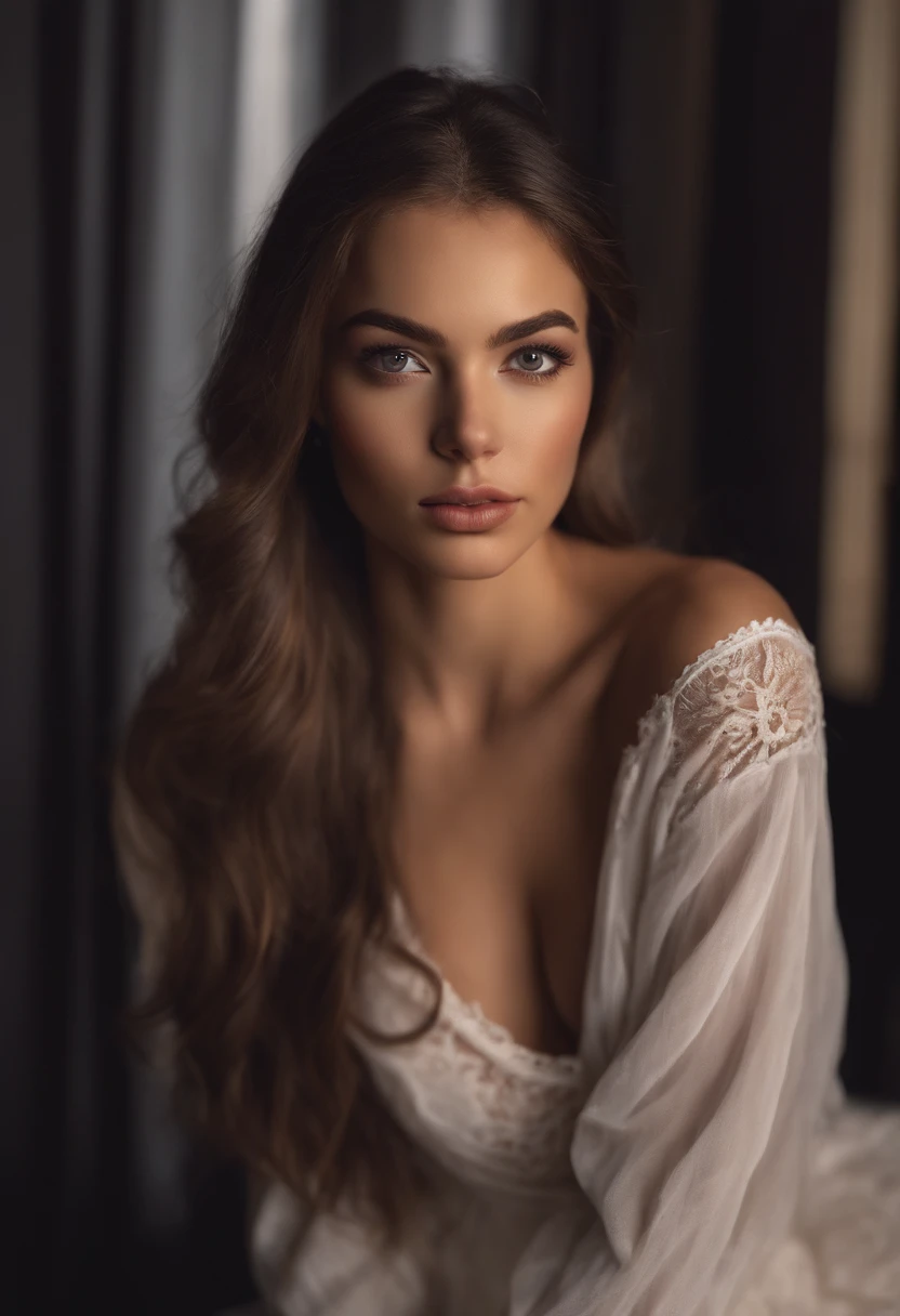 Arafed woman completely , fille sexy aux yeux bruns, ultra realist, Meticulously detailed, Portrait Sophie Mudd, cheveux bruns et grands yeux, selfie of a young woman, Yeux de chambre, Violet Myers, sans maquillage, maquillage naturel, looking straight at camera, Visage avec Artgram, Maquillage subtil, Great photo of the whole body kneeling on the bed, dans la chambre, Medium to large bust 21 years old