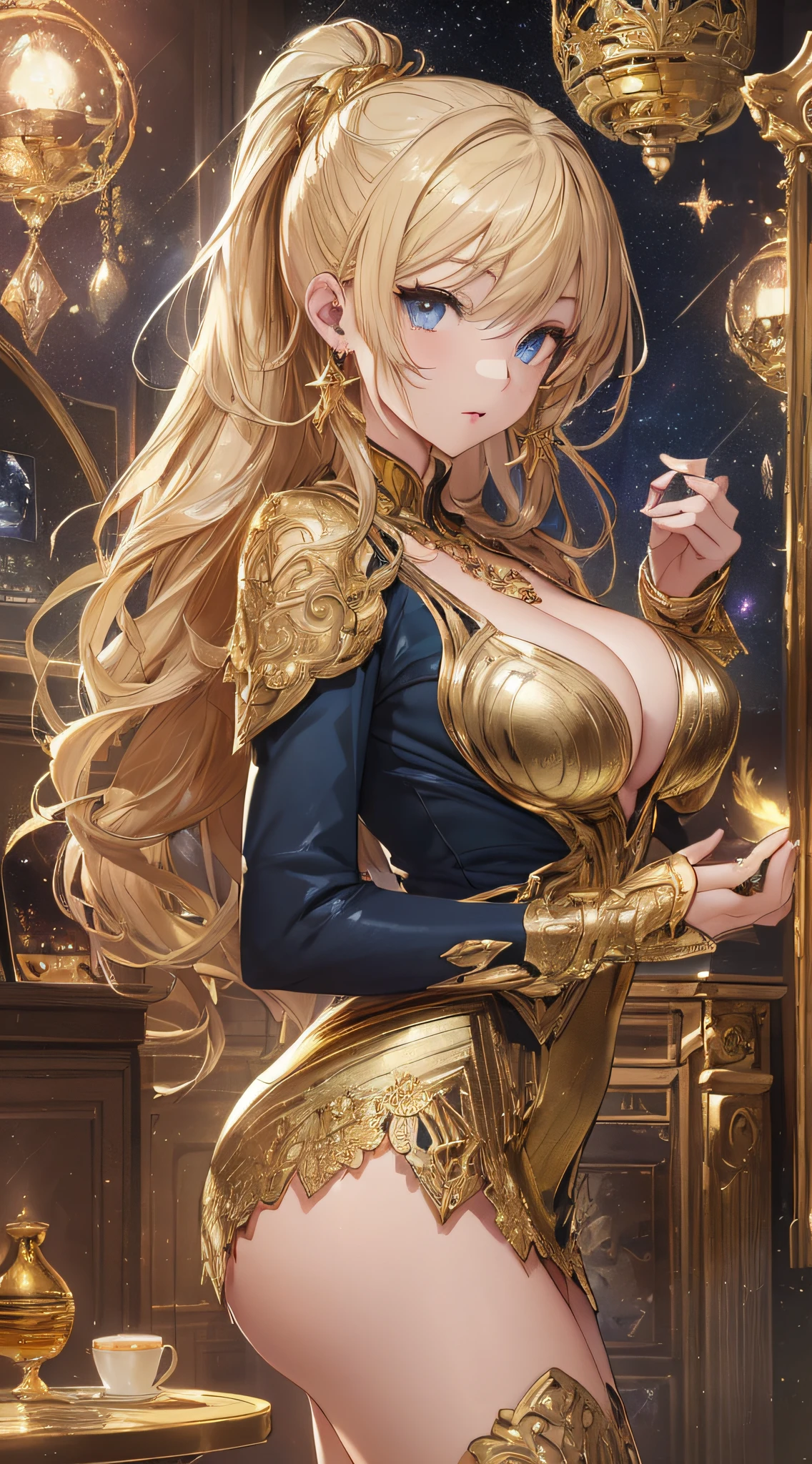 top-quality、Top image quality、​masterpiece、girl with((18year old、Gold underwear,Best Bust、Medium bust、Bust 85,Beautiful blue eyes、Breasts wide open,Sexy Gold Dress、Gold Miniskirt、Gold Earrings、Gold necklace、Gold Ring、Shining golden ponytail、sexypose、Turn your butt towards us）hiquality、Beautiful Art、Background with(Shining meteors,kosmos、Gold Room、Gold Table、Gold Chair、Monitors、Gold Room、Gold Bookshelf、Golden Falls、phoenix)),masutepiece、Elaborate design、visualart、depth of fields、The best lighting、highestdetailed、Front Angle