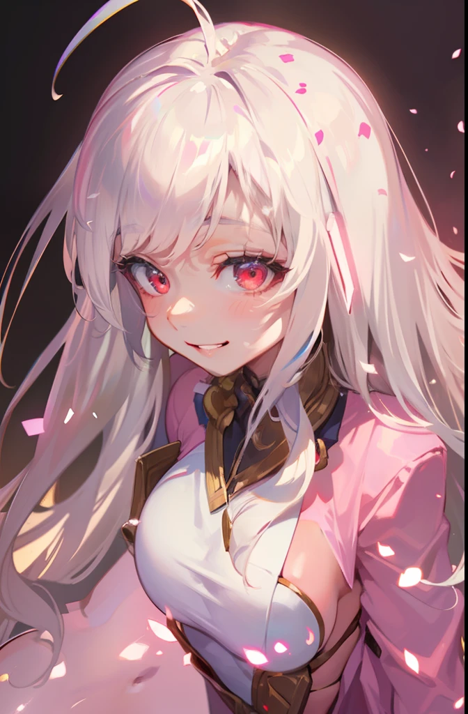 DETAILED, DENSE, MASTERPIECE, one girl, beautiful, 22 years old, smooth skin, glowing skin, glowing hair, clear eyes, glowing eyes, red eyes, soft lips,(viewer Looking down: 0. 8) smiling slightly, cheeks stained, mouth open, one girl, soft skin, large breasts, glowing skin, (Masterpiece: 1.0), (Realistic: 1.6), (Soft Focus: 1.5), full body, big lips, sexy face, sharp eyes, grin, skinny waist, (((skinny waist))), pastel pink jacket, white hair,